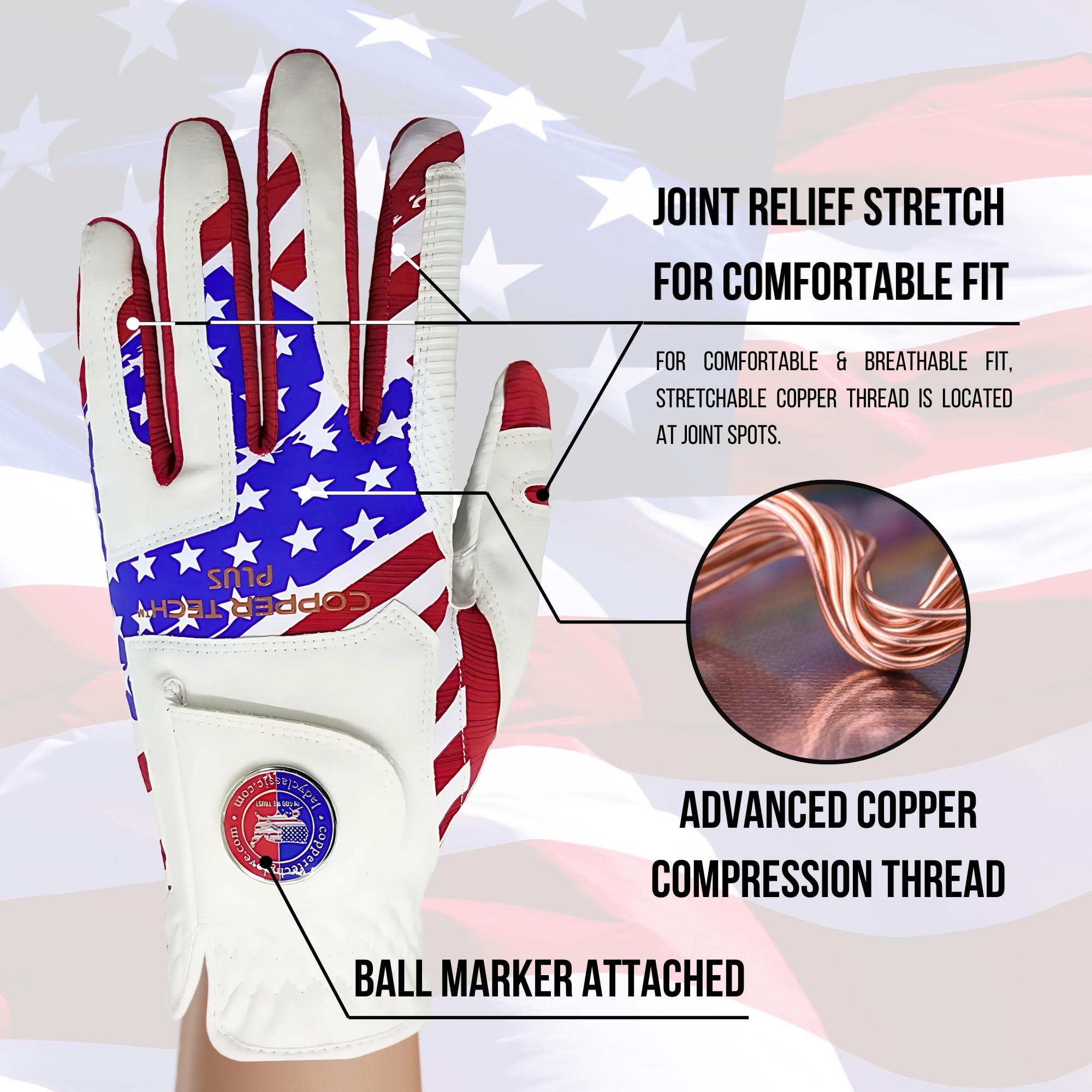 Copper Tech Plus Men's Golf Gloves Left Hand - USA Flag Golf Glove with Ball Marker - Perfect for Summer Golfing - 100% AAA Synthetic Tacky Leather Only (Hand Orientation: Left, X-Large)