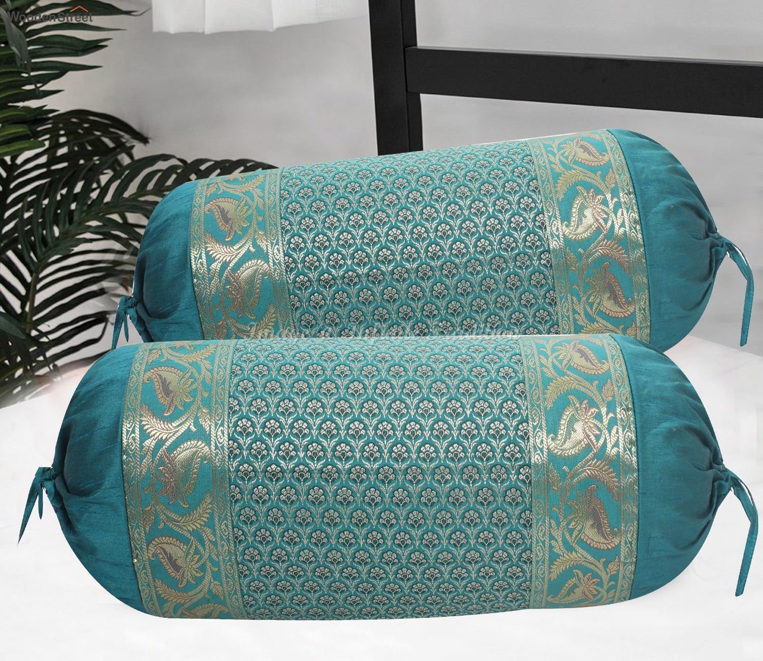 Indian Ethnic Decorative Bolster Tube Pillow Covers Cylindrical Dark Green Yoga Couch Round Cushion Cover Jacquard Brocade Silk Bordered Small Floral