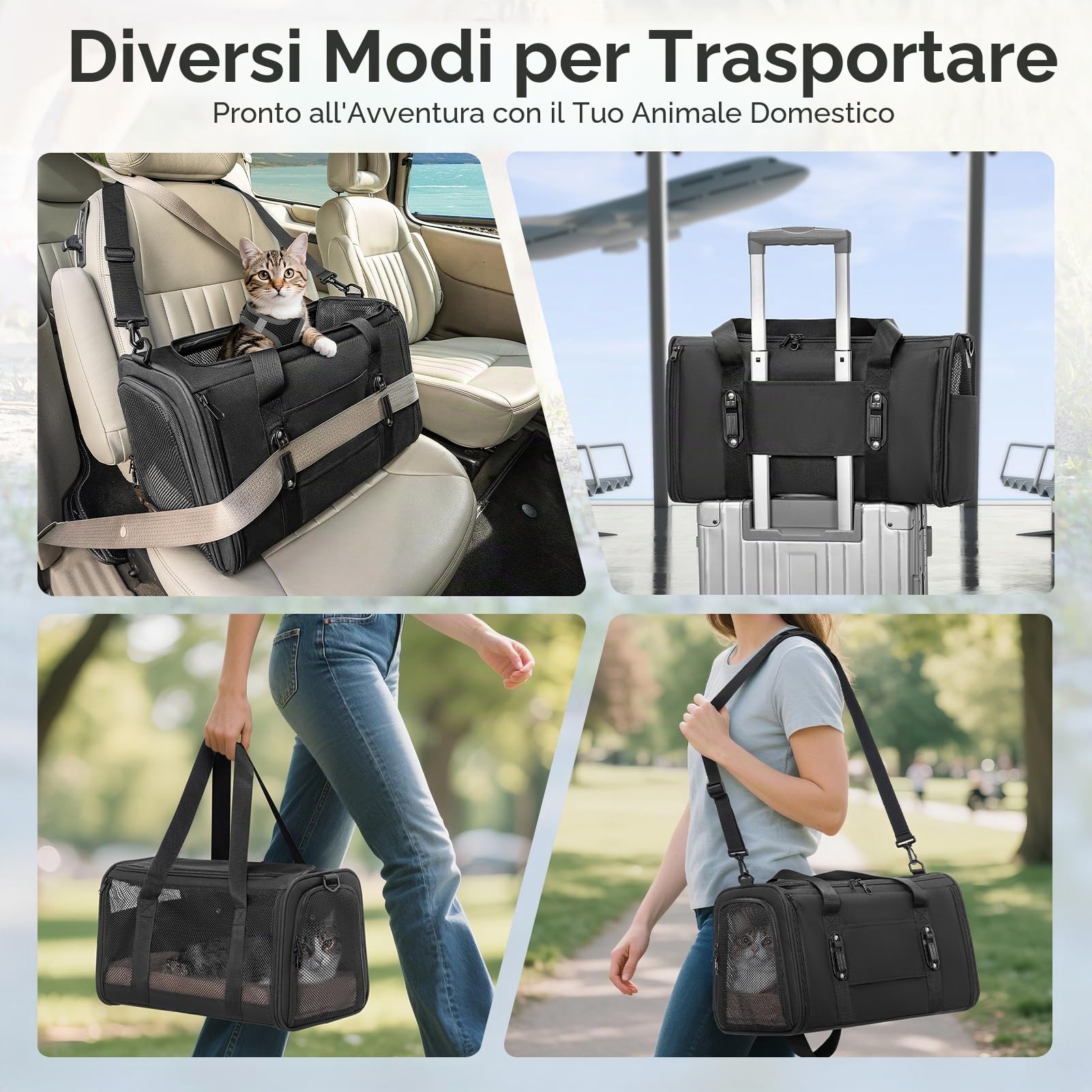 Petsfit Trasportino per Gatti con Fibbia di Sicurezza Brevettata – Sedile Auto per Gatti a Prova di Fuga con Cerniera Bloccabile e Imbracatura Anti-Perdita, Trasportino Sicuro con Lati Morbidi, Adatto