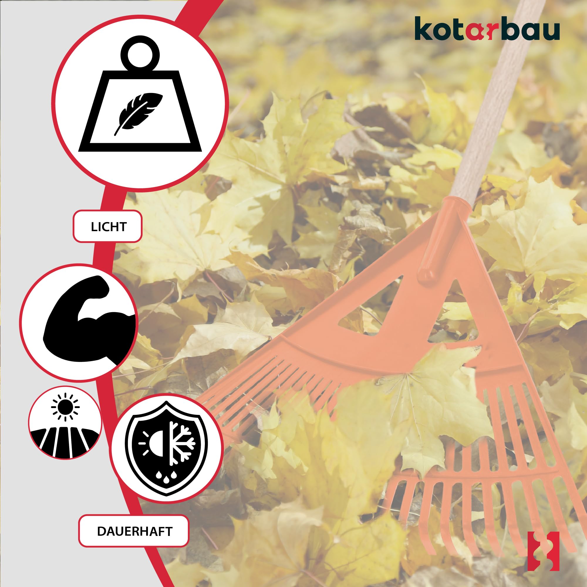 KOTARBAU® Rastrello per Foglie - Plastica - 58 cm - Arancione - Rastrello Giardino - con Manico - Rastrelli - per Foglie - Erba - Siepi Leggero - Resistente - Universale