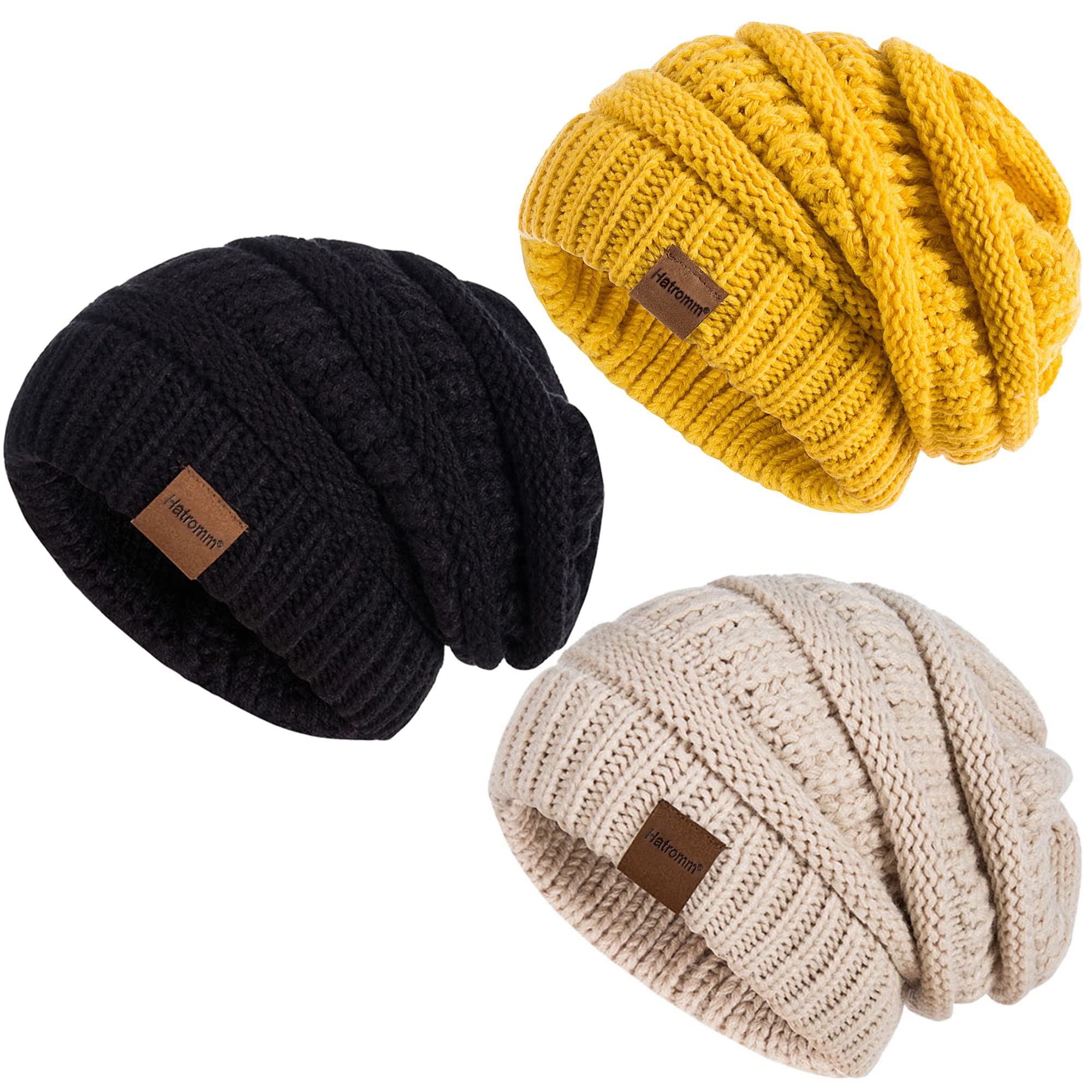 Womens Beanies for Winter 3 Pack, Slouchy Beanies for Women Oversized Knit Warm, Winter Hats for Women Thick for Cold Weather - Black+oatmeal+yellow