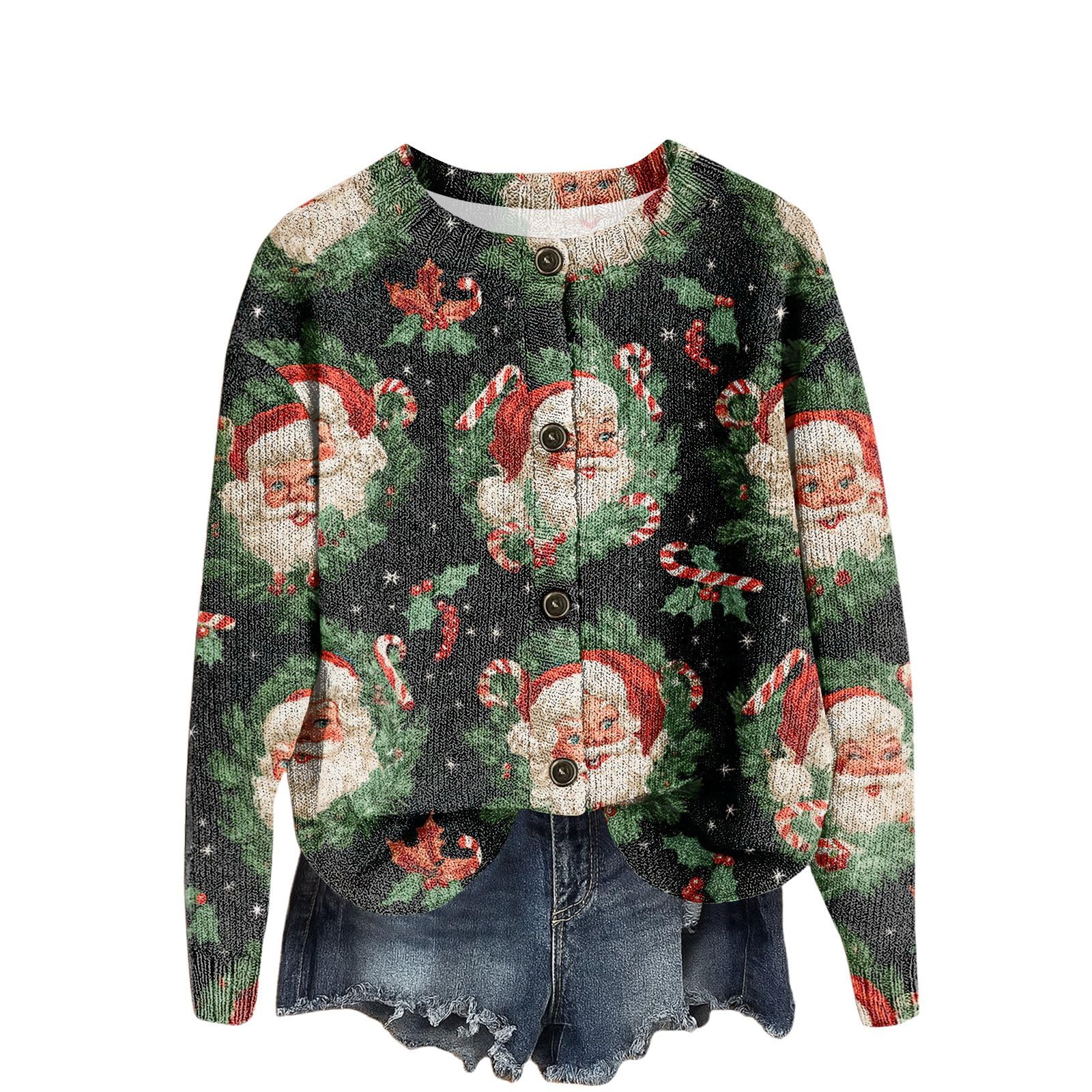 Womens Christmas Sweaters Reindeer New Years Open Front Long Sleeve Holiday Sweater Cardigan