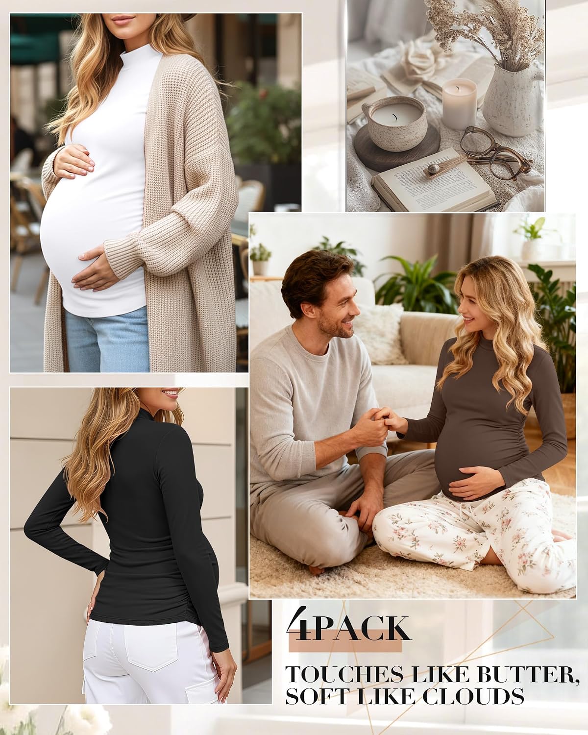 Riyiper 4 Pack Women's Maternity Turtleneck Shirts Long Sleeve Pregnancy Tops Ruched Sides Pregnant Tees Mama Clothes