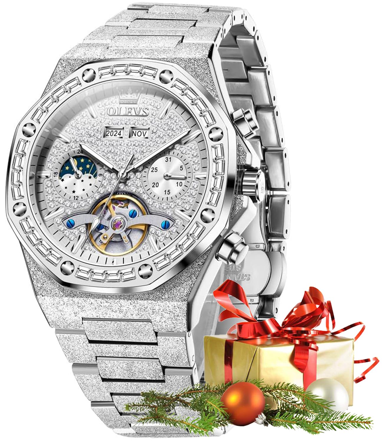 OLEVS Automatisch Herrenuhr Tourbillon Diamant Luxus Dresswatch Edelstahl Wasserdicht Leuchtend Armbanduhr