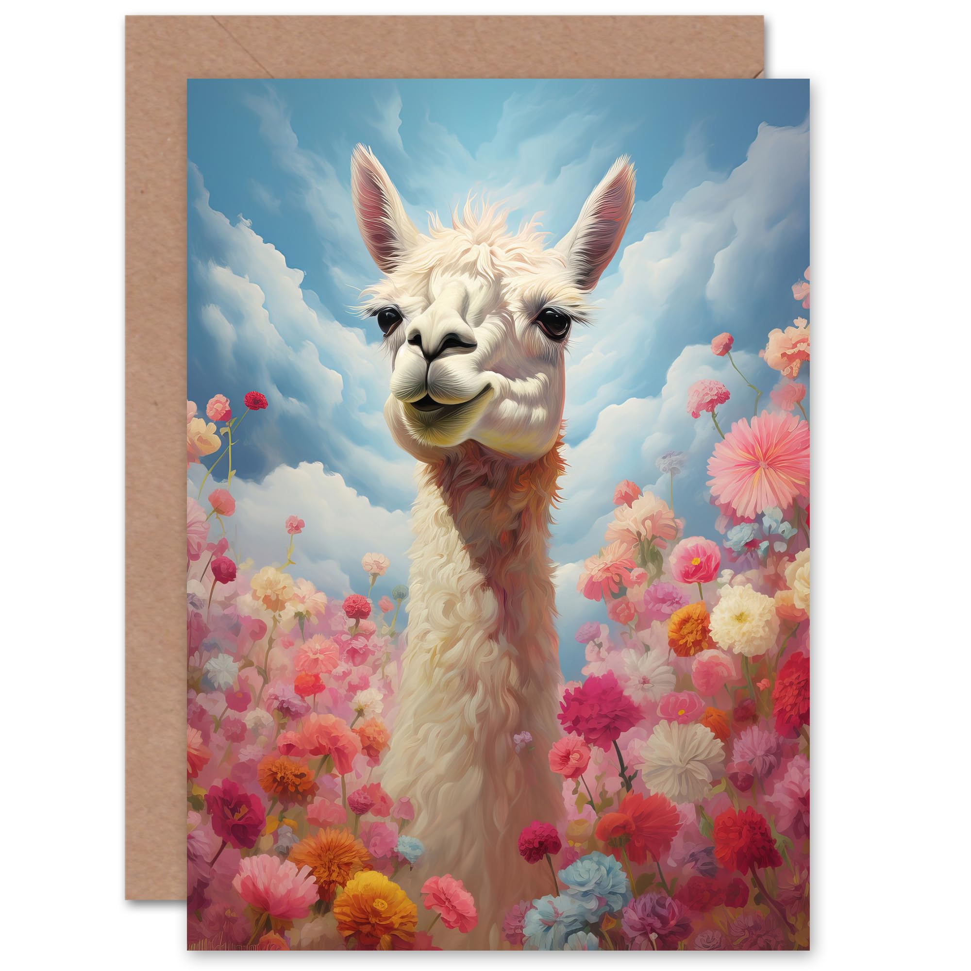 Artery8 Happy Llama Pink Flowers Bright Colourful Child Children Kids Birthday Thank You Congratulations Blank Art Greeting Card