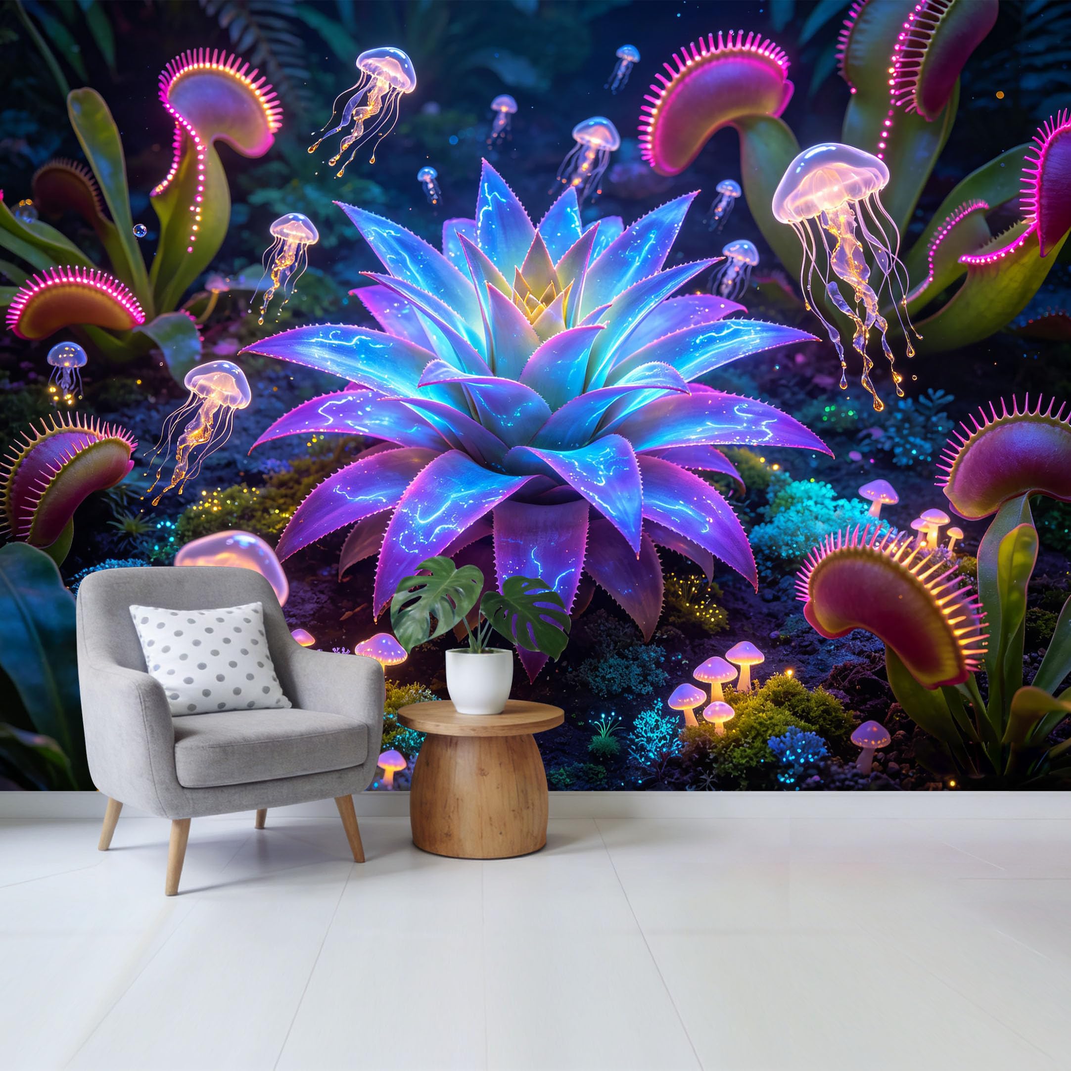 Qzlithotic Yq2605250264 Custom Size Wall Mural Neon Bioluminescent Tropical Plants Floating Jellyfish Botanical Abstract Selfadhesive Wall Fabric Removable Wallpaper For Home Office Decor