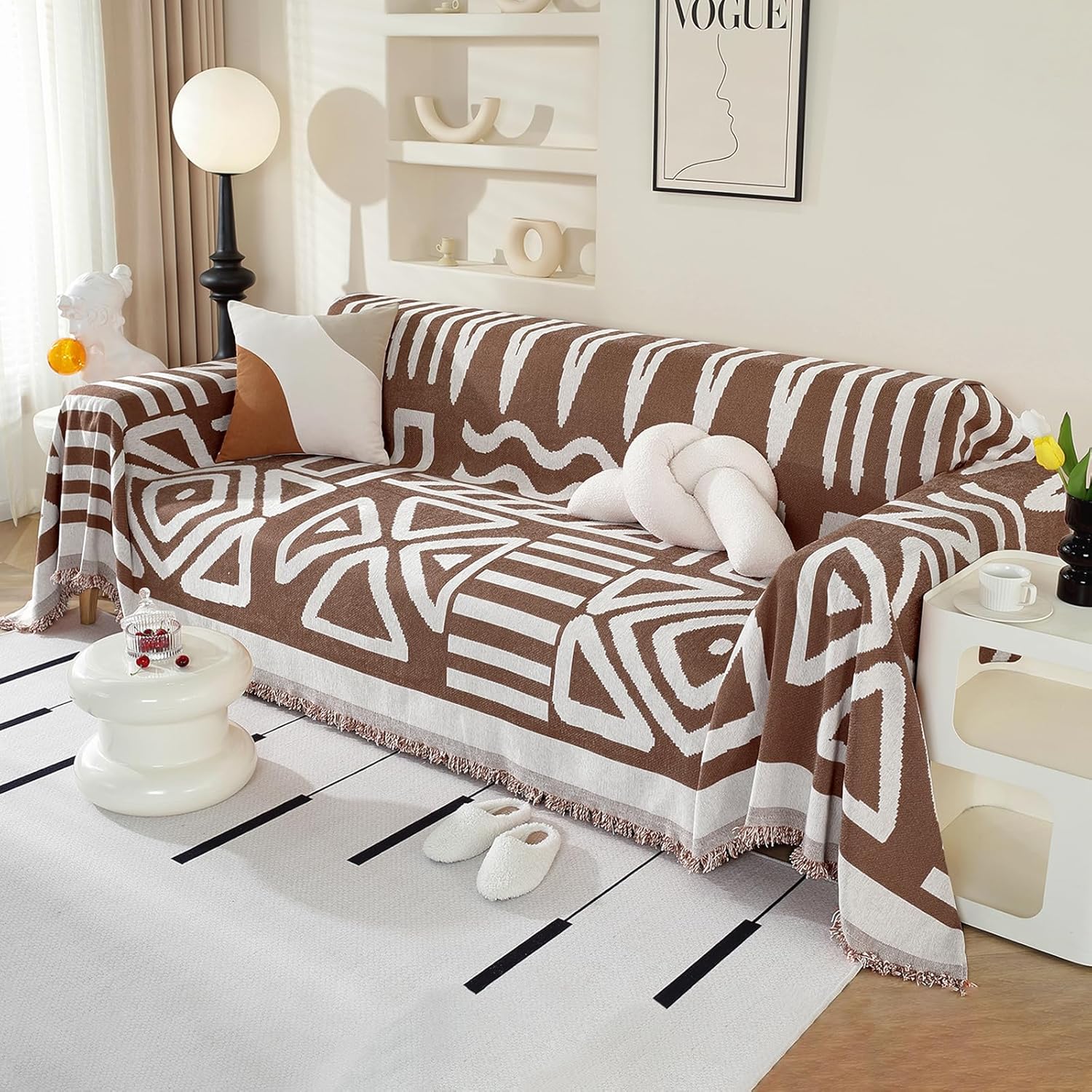 Royhom Boho Couch Cover Sofa Cover for Dogs Washable Sectional Couch Covers Sofa Slipcover with Tassel Loveseat L Shaped Covers Couch Protector for Pets, Coffee 91 x 134 Inch 91"x 134" Boho Coffee