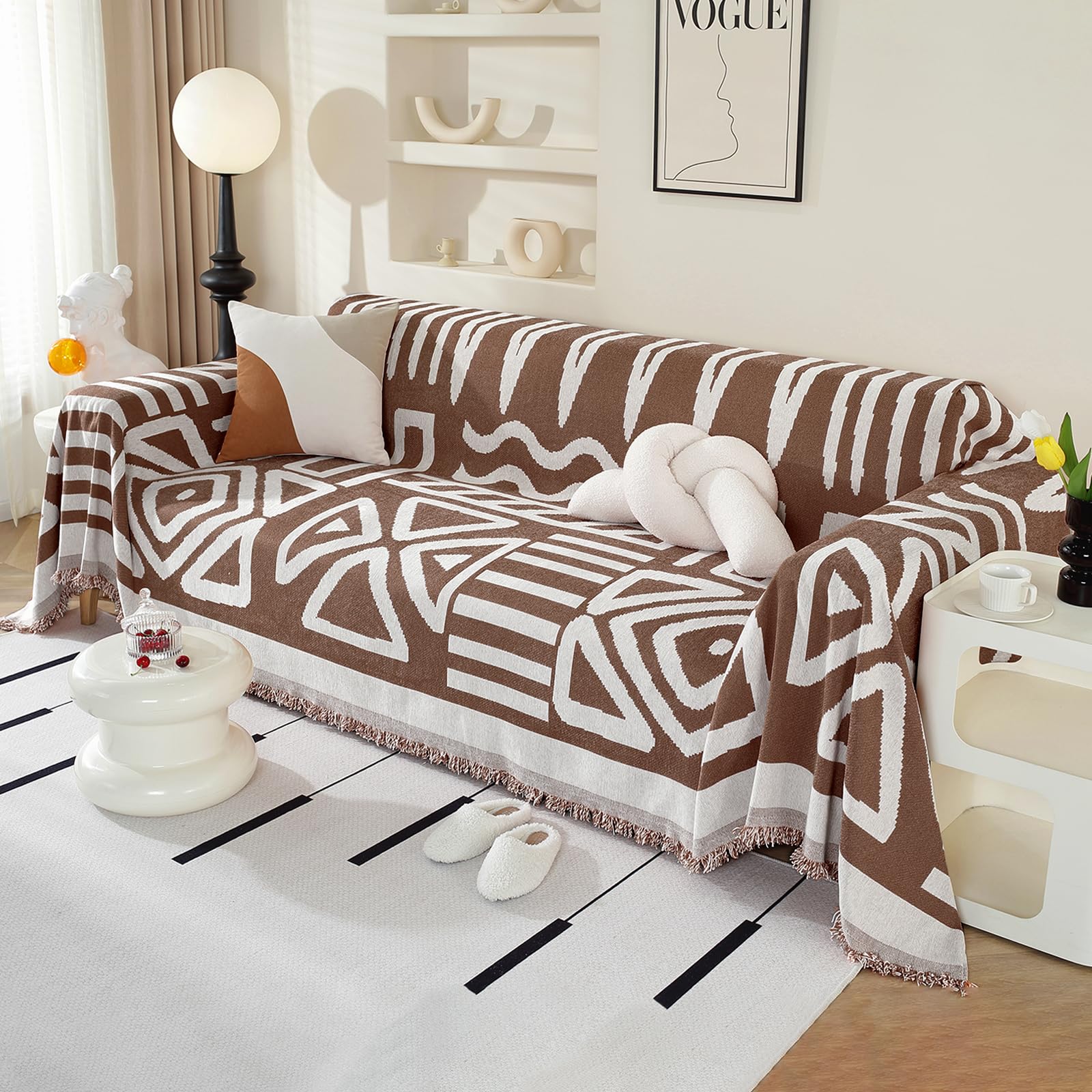 Royhom Boho Sofa Cover 4 Seater, Corner Sofa Covers L Shape, Washable Couch Cover with Tassel, Soft Couch Covers for Dogs, Breathable, All-season Universal (Coffee, 230x380cm) — image 1