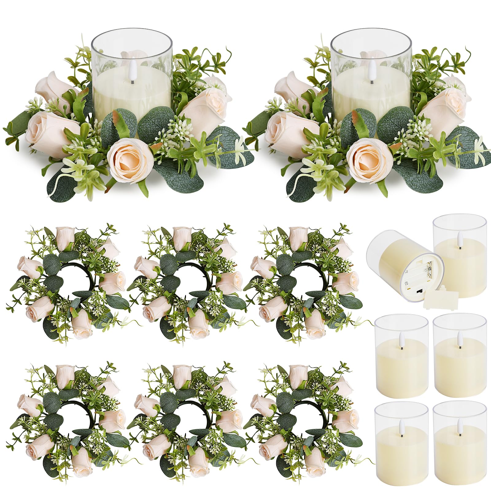 YMDOBIGER Rose Candle Rings with Flameless Candles - 6 Sets Artificial Rose Candleholders Without Batteries - Champagne