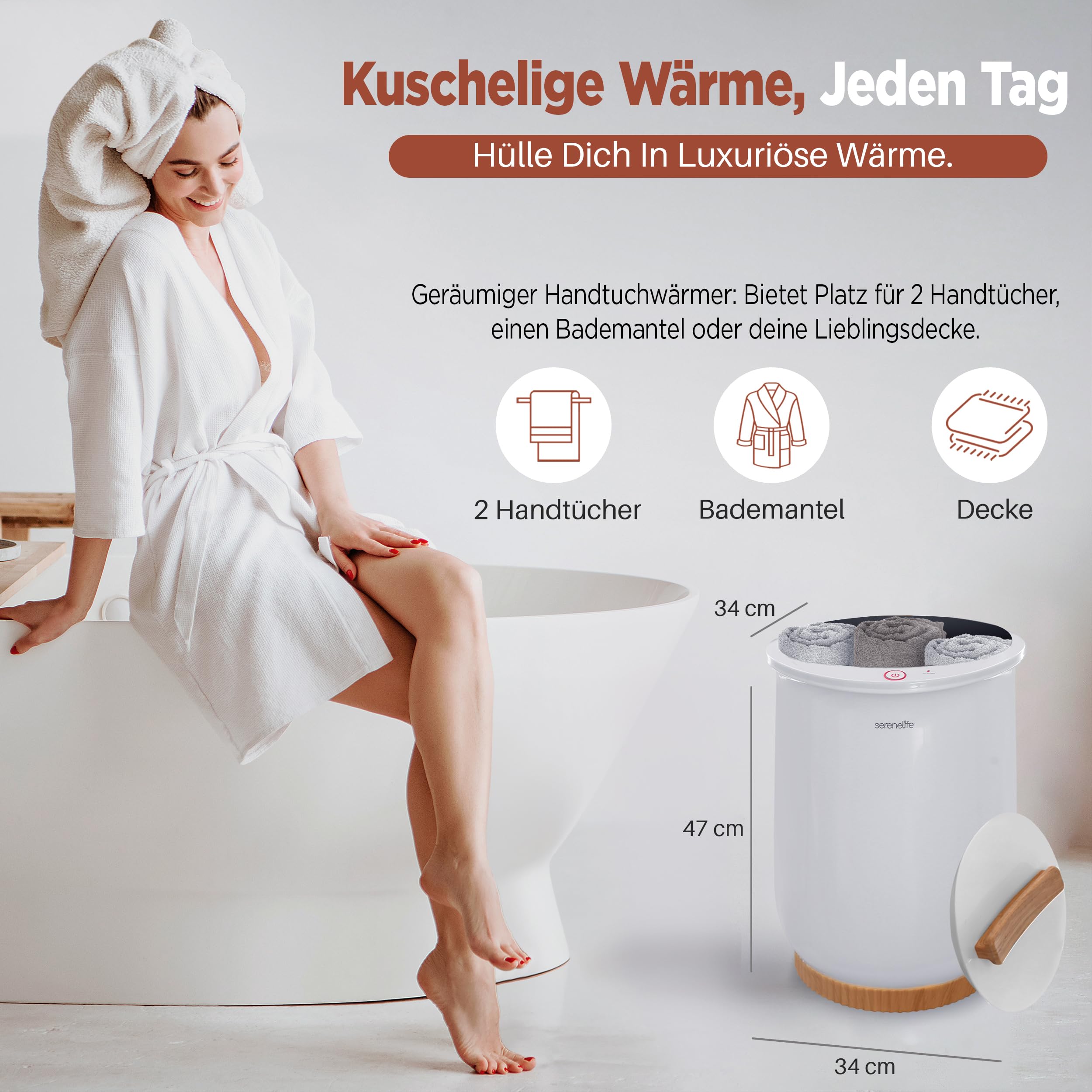 SereneLife Handtuchwärmer Elektrisch 20L Weiß – Towel Warmer für Badetücher, Bademäntel und Decken mit Aromafunktion, Auto-Off und schnellem Aufheizen