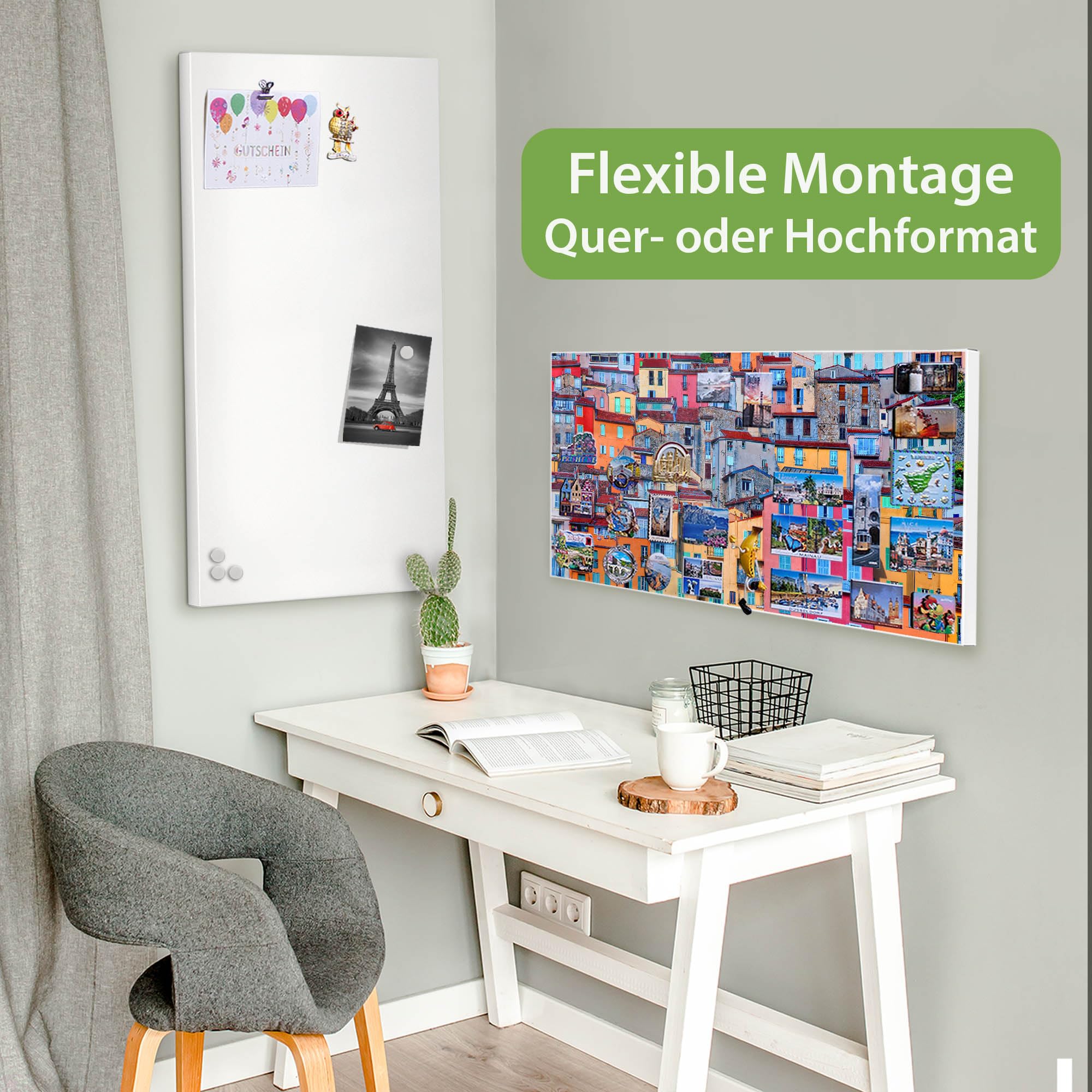 banjado Magnettafel Metall 78 x 37cm - beschreibbare Magnettafel - Metall Pinnwand als Memoboard - Magnetwand Küche, Büro, Kinderzimmer Weiß inkl. 4 Magnete & Montageset - Motiv Häuserberg