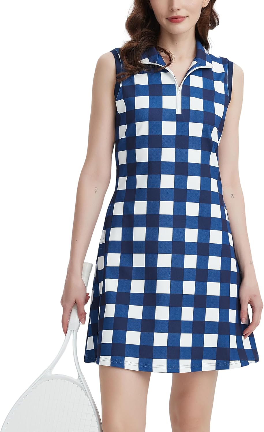 Ladyful Gingham Tennis Mini Dress for Women Sleeveless Mock Neck Polo Athletic Workout Golf Shift Dress Without Shorts Navy Blue Large
