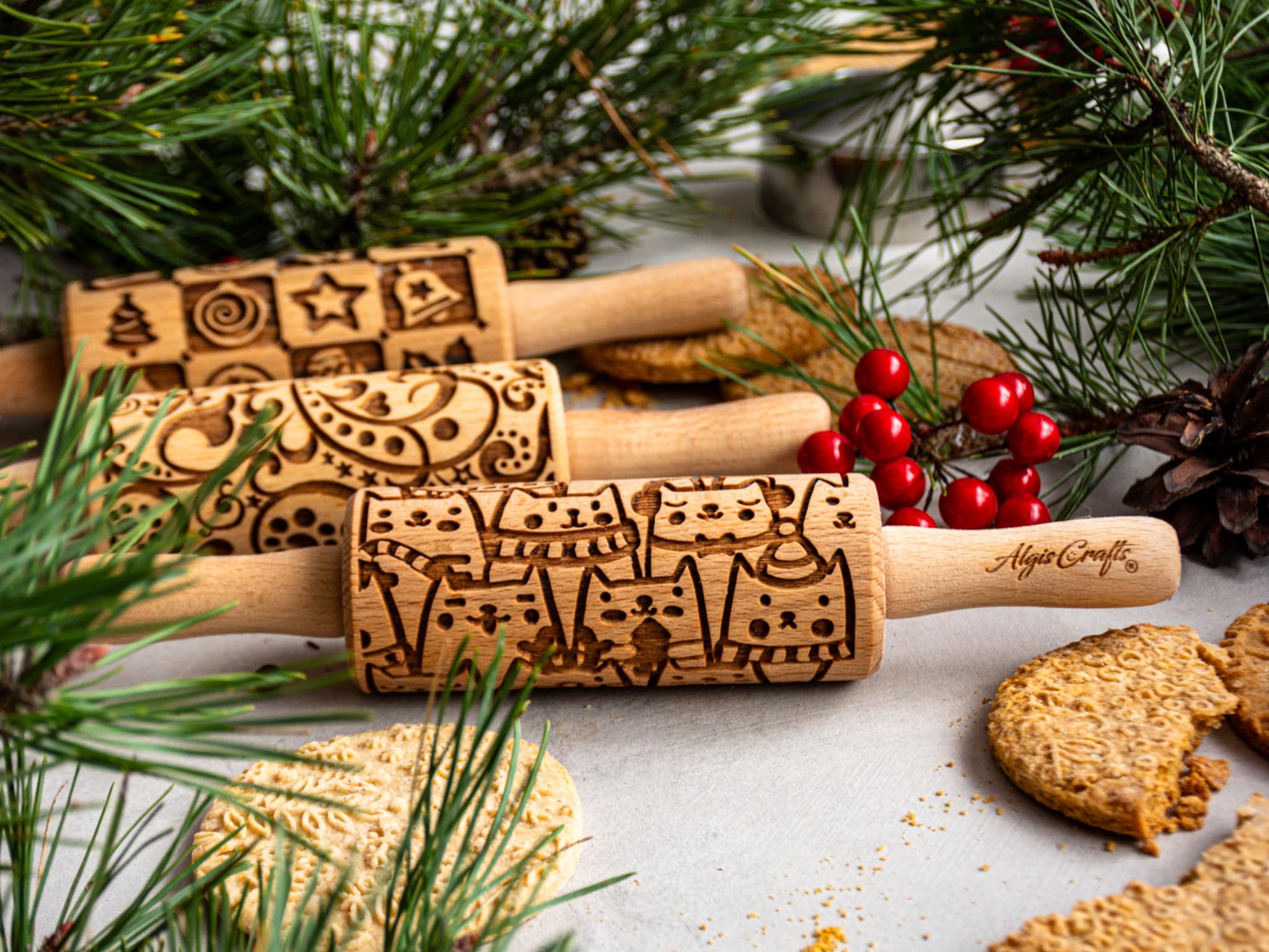 Christmas Fest 3 Mini Embossed Rolling Pin Set. Wooden Laser Engraved Textured Rolling pins for Cookies Modeline