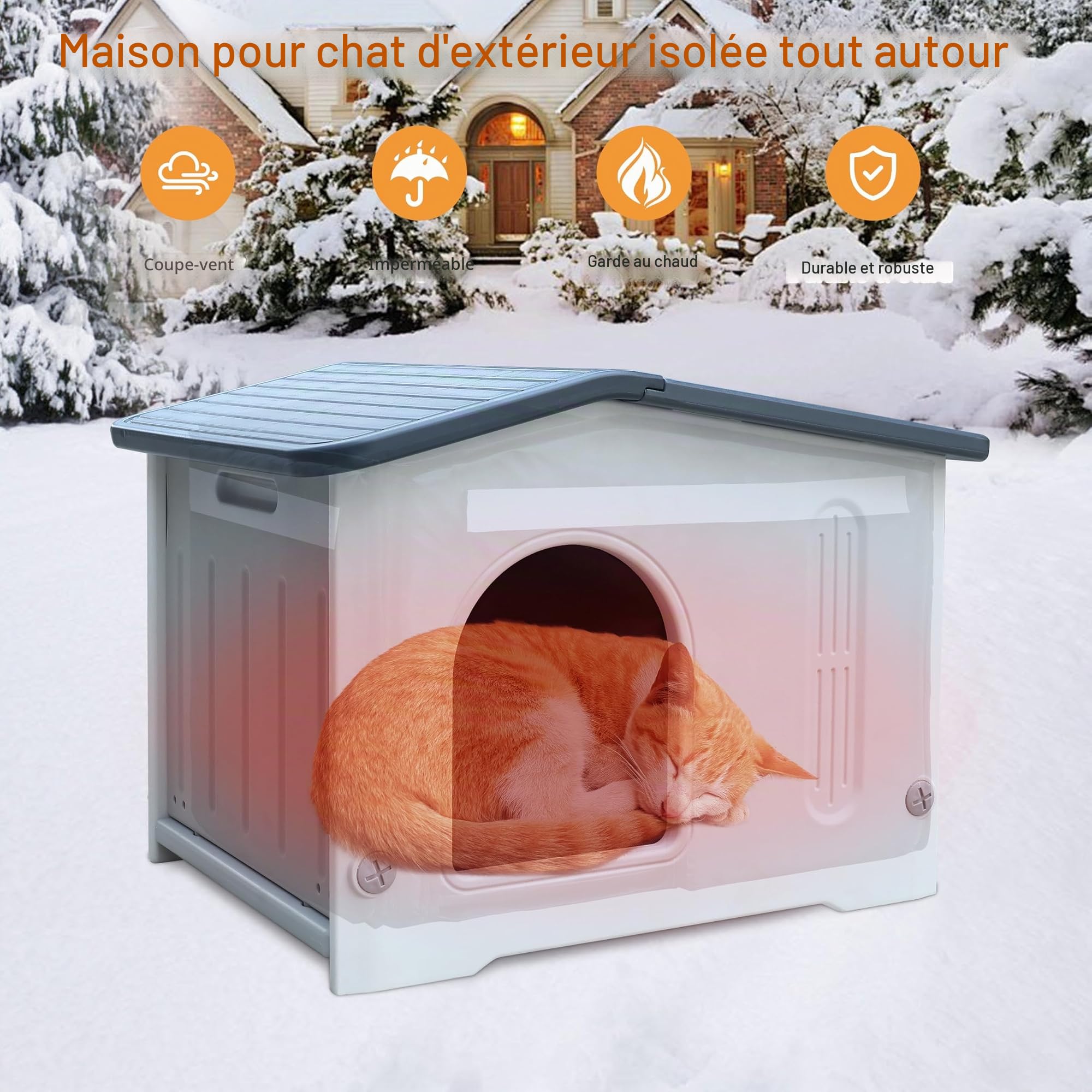 Abris pour chats avec doublure isolée pour chats d'intérieur en plastique pour chats sauvages Abri pour chiens d'extérieur pour chiots pour petits animaux domestiques moyens - gris