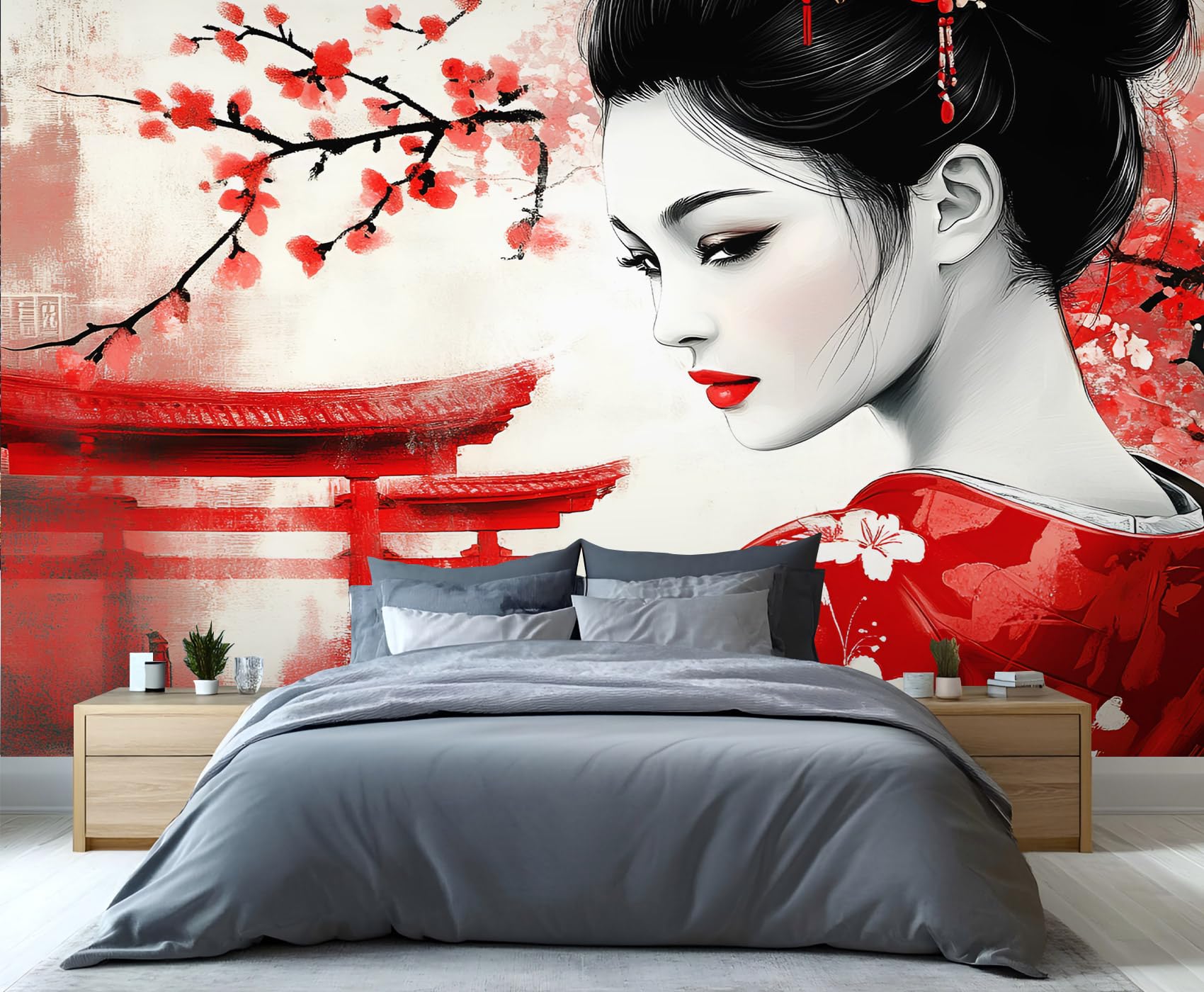 YXQAIED Japanese Mural Wallpaper Japanese Geisha Wallpaper Mural Red Torii Gate Wall Murals, Printed Wall Covering of Home Office Decoration 150x105 cm