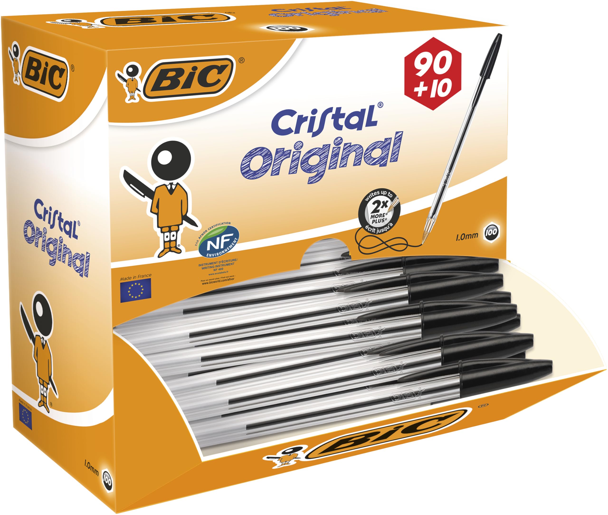 Bic Cristal Original Stylo-Bille Pointe Moyenne (1,0 mm) Largeur de trait (0,4 mm) - Parfait pour l'Ecole et au Bureau - Noir, Lot de 90 + 10 gratuits