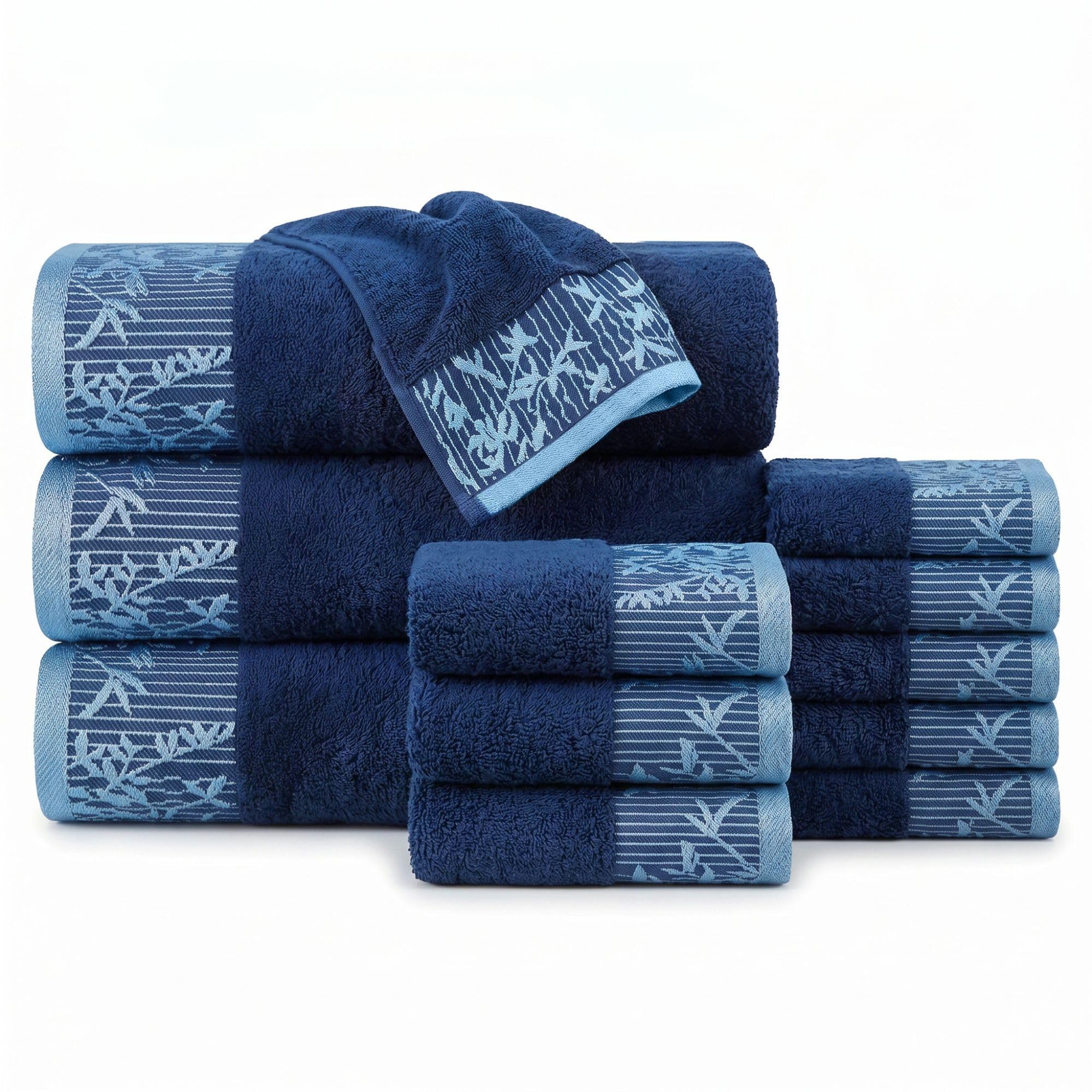 Superior Set di 12 asciugamani in cotone, motivo floreale, bordo in jacquard, asciugatura rapida, decorazione per bagno, spa, doccia, bagno, include 3 corpi, 3 mani, 6 asciugamani per il viso,