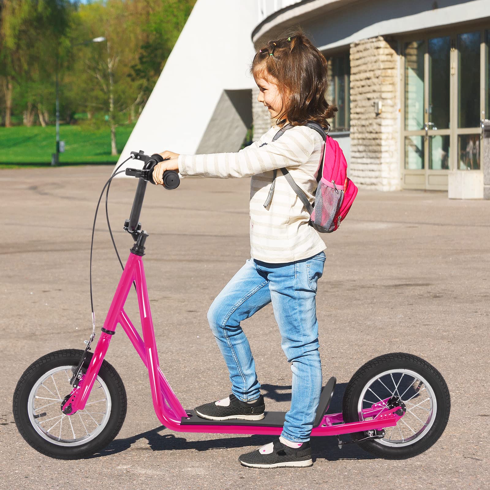 Goplus Youth Kick Scooter, Adults Kick Scooter W/Carbon Steel Frame, Adjustable Handlebar, Front and Rear Dual Brakes, 12-Inch Air Filled Wheels, Ride On Toys for Teens Kids 8+ (Pink)