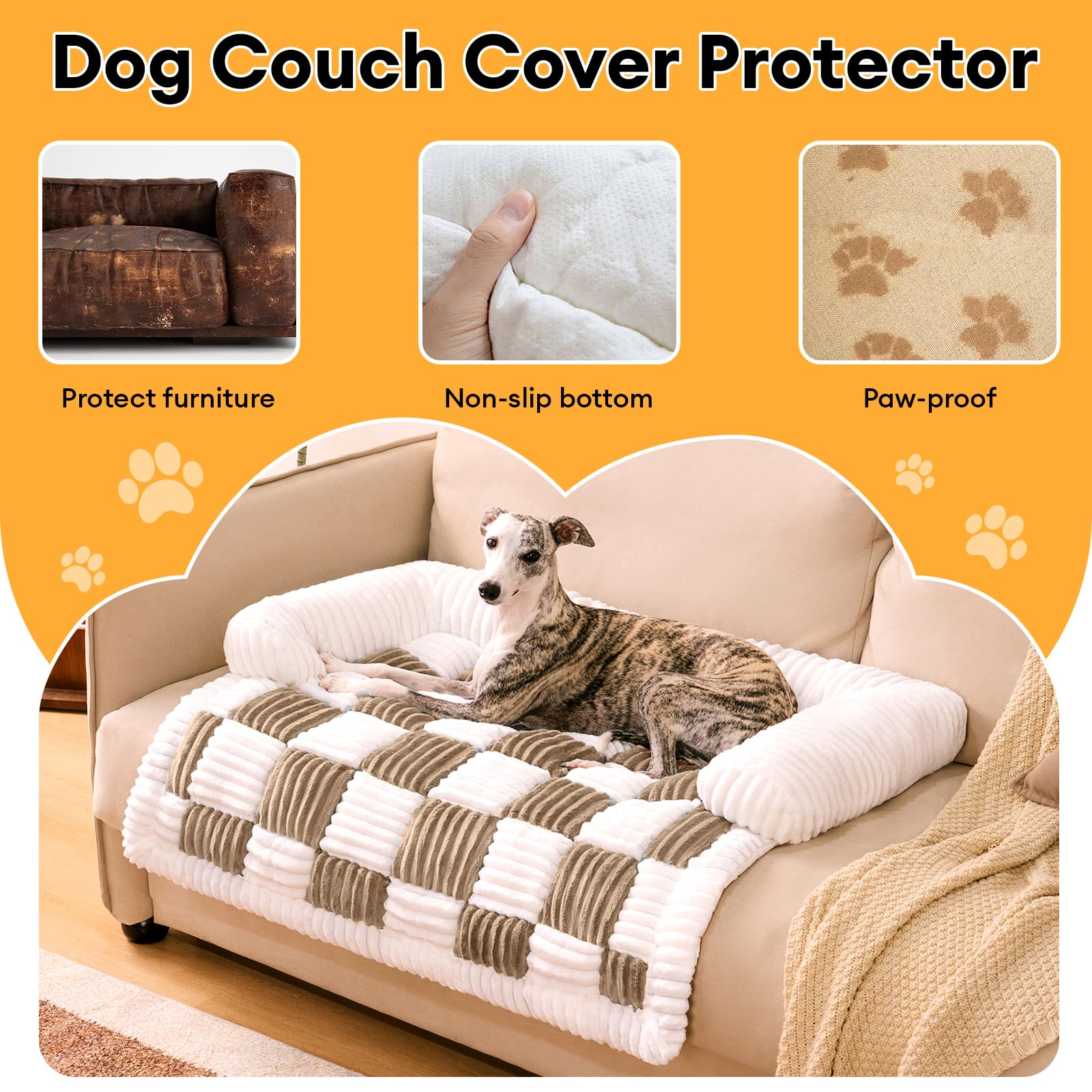 FUNNY FUZZY Couch Cover for Sofa and Pet, Plush Dog Mat for Furniture Protector Cream Square Plaid Cozy Dog Bed Mat, Latte Brown, Large