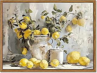 Framed Lemon Kitchen Wall Decor for Dining Room - Vintage Mustard French...