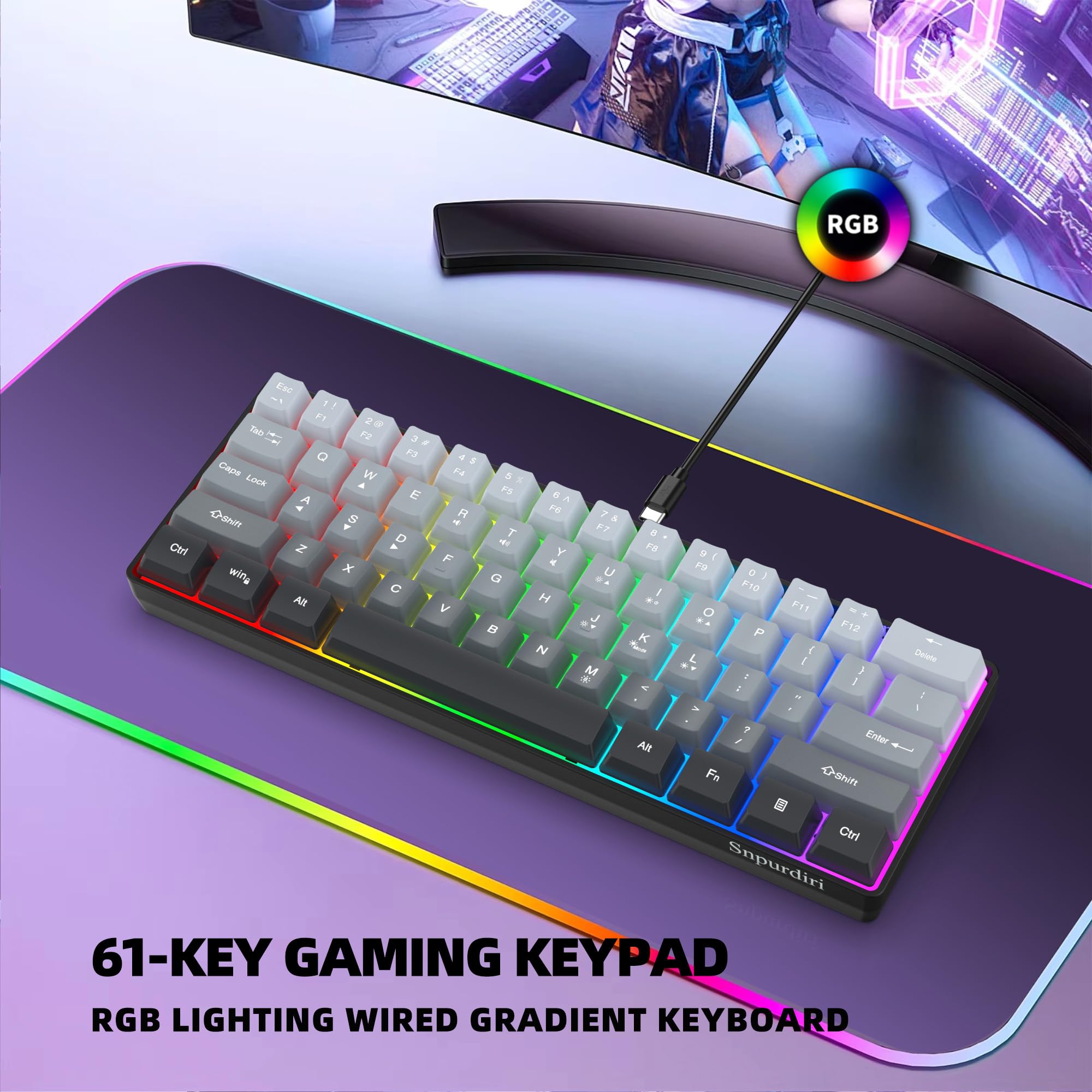 Snpurdiri 60% Wired Gaming Keyboard, 61 Keys RGB (Grey-Black) view 6