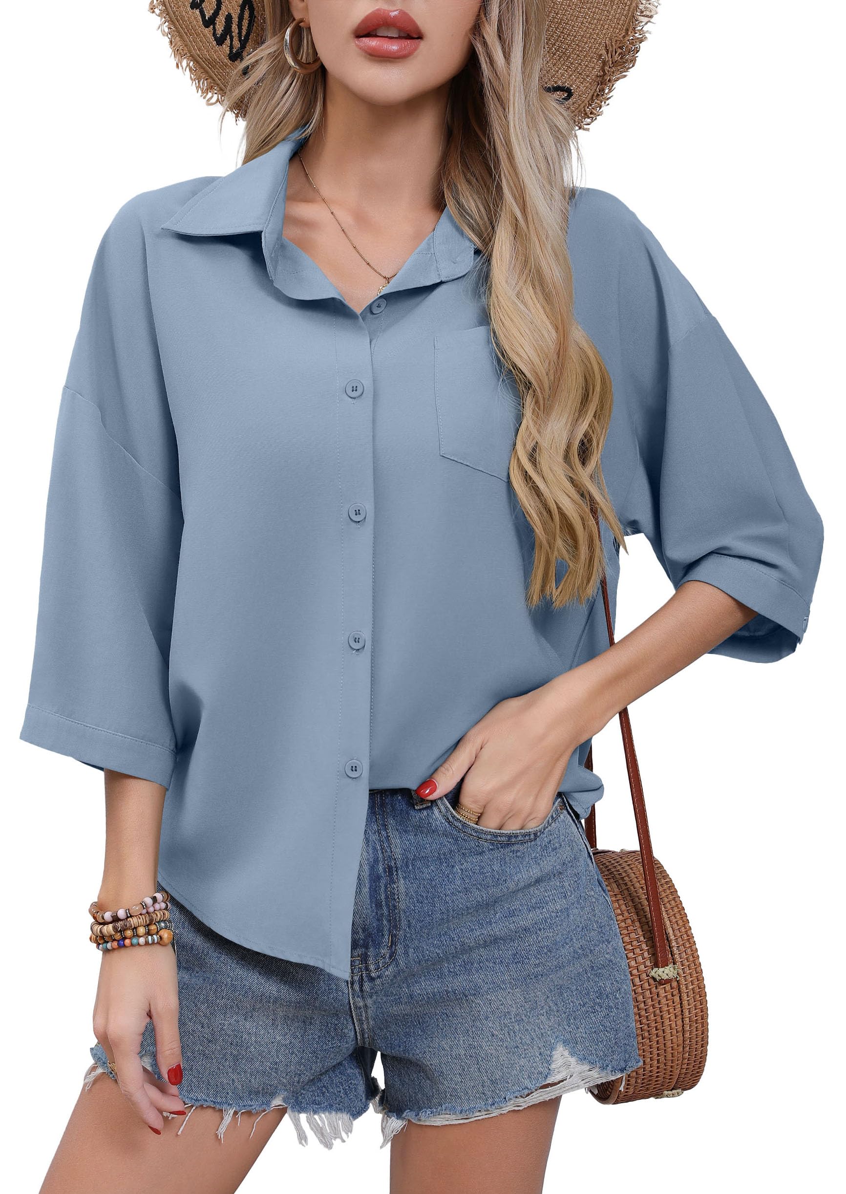 HIYIYEZI Women's Button Down Shirt Casual 3/4 Sleeve Dress Shirts Collared Work Blouse with Pocket