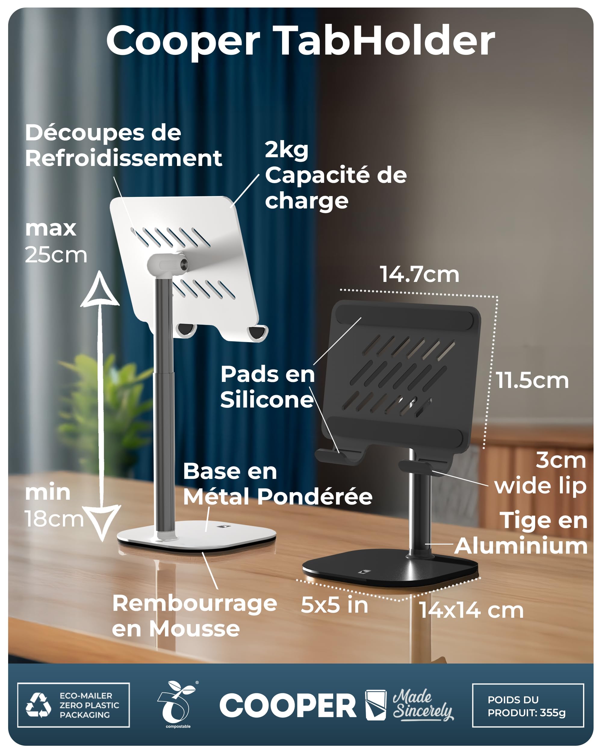 COOPER TabHolder, Support Tablette réglable 18-25 cm, Support iPad Bureau Premium, inclinable 270° pour moniteurs 15,6-17", Compatible iPad, Kindle, Surface, Samsung Galaxy Tab - Noir Nuit