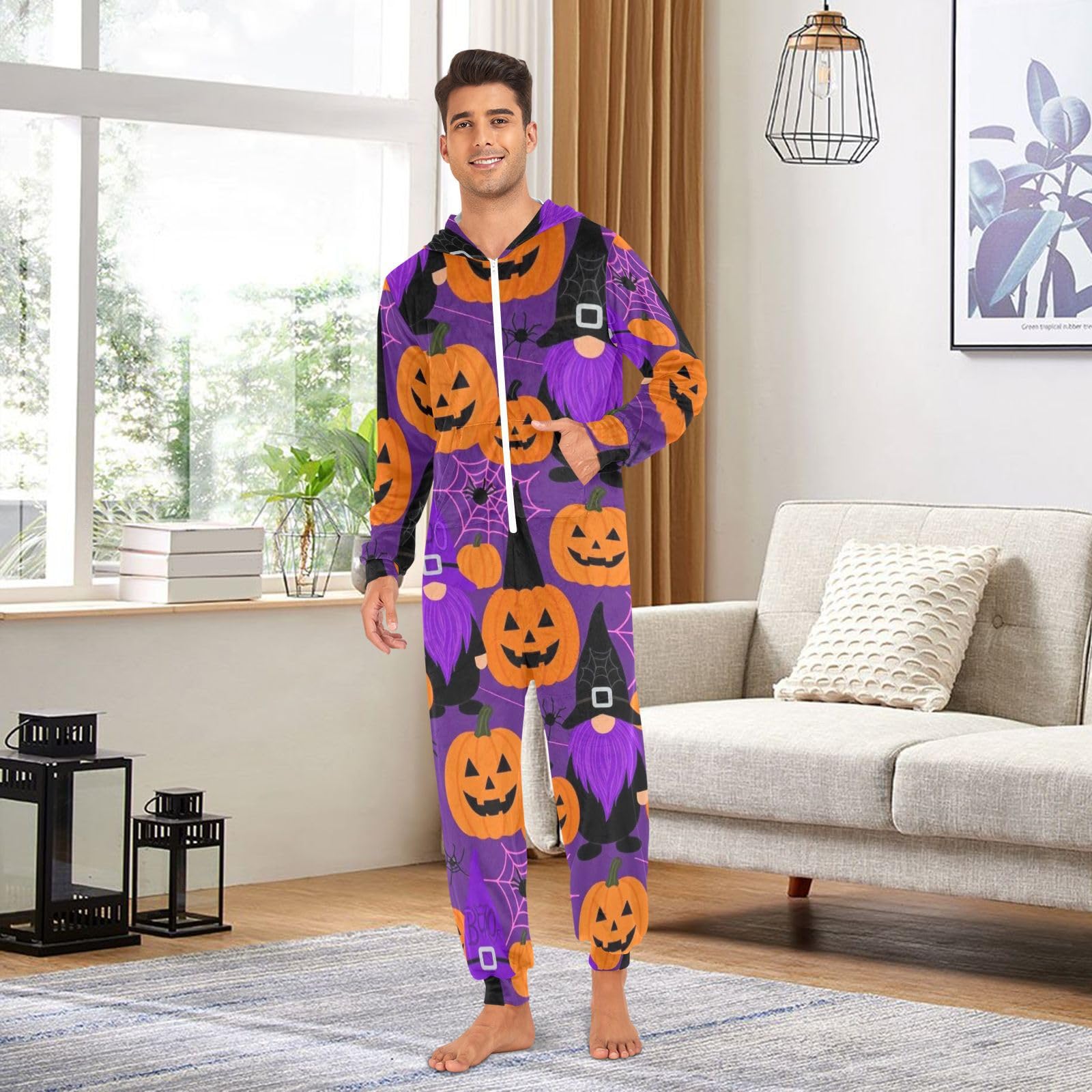 Pigiama intero per adulti, motivo con gnomo viola, streghe, pipistrello, ragnatela, zucca, Halloween