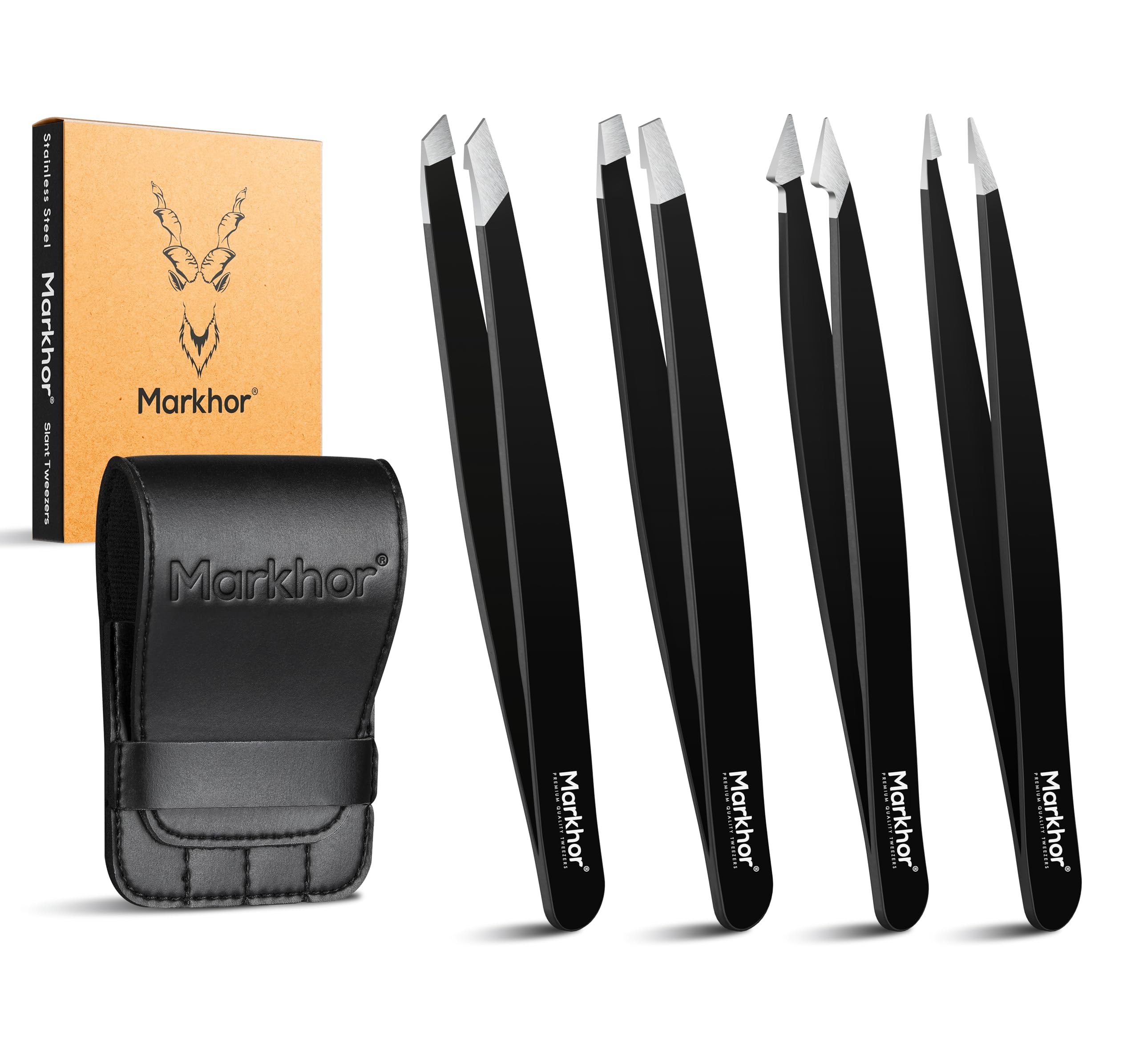 Markhor® Majesty Black Tweezers for Facial Hair Women, Pointed Tweezers Precision Tweezers Set, Eyebrow Tweezers Women, Slanted Tweezers Eyebrows, Hair Tweezers