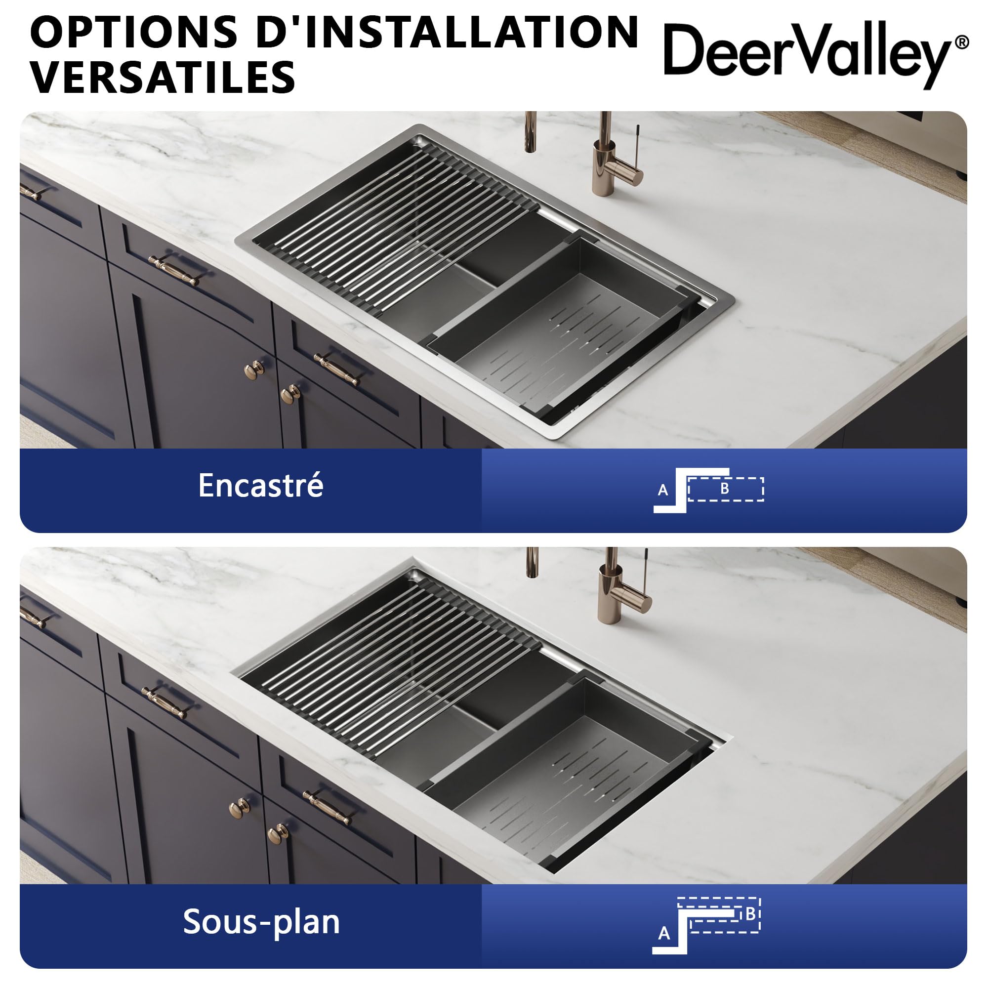 DeerValley Évier de Cuisine en Acier Inoxydable 76 x 48 cm, Evier Multifonction 1 Bac avec Mobile et planche à découper, Panier D'égouttement et Accessoires