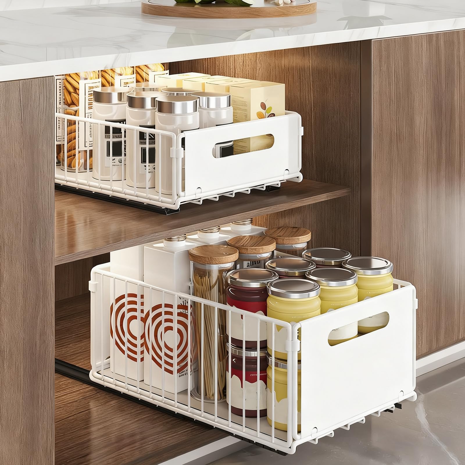 LDHHYH 2Pack Pull Out Cabinet Organiser, Foldable Pull Out Drawers for Kitchen Cupboards, Slide Out Drawer Storage Shelves for Kitchen Cabinets, White