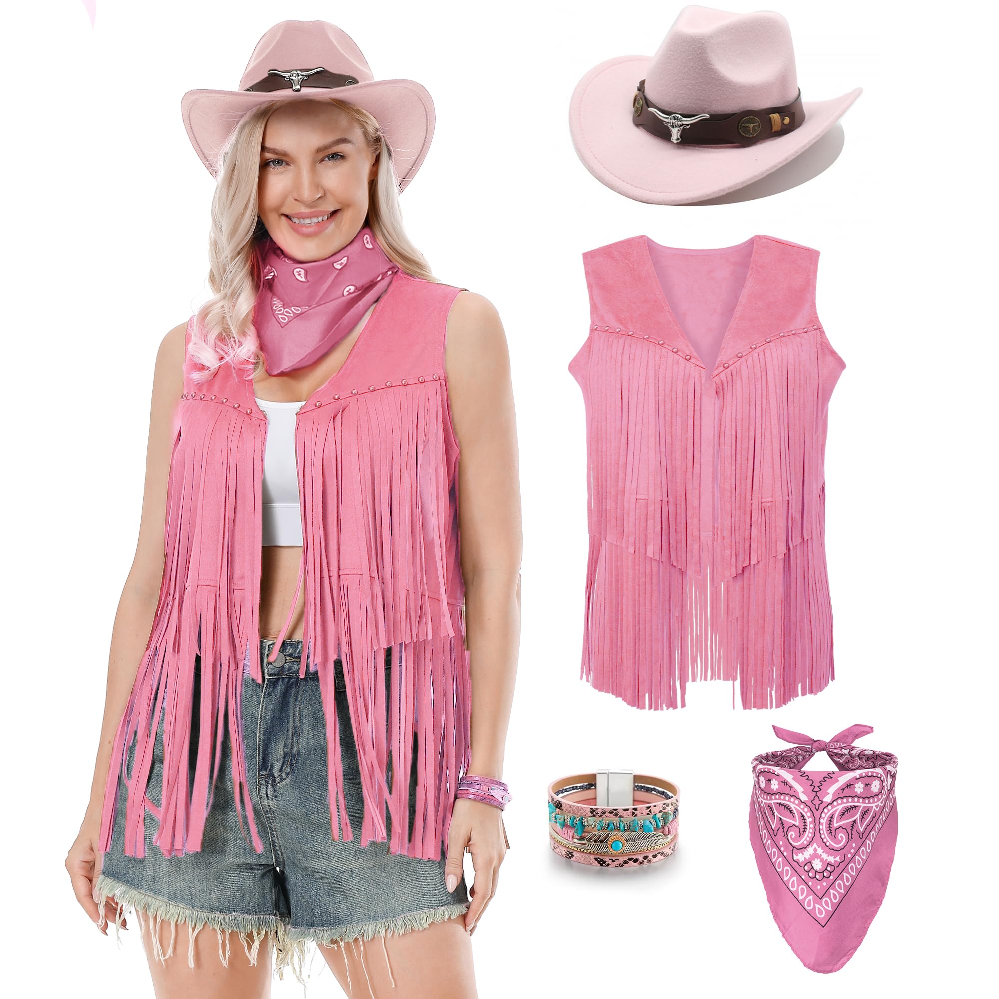 Dzorim Western Cowgirl Costume for Women Cowboy Tassel Vest for Women Hat Dress Bandana Bracelet (Pink, 2XL)