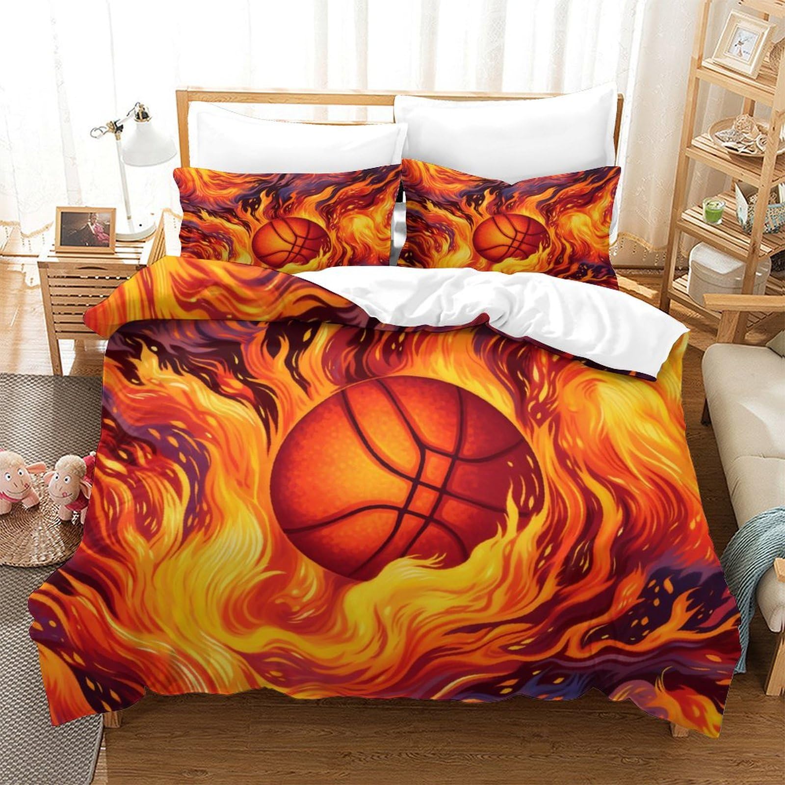 HONGBING Basketball Quilt Cover for Boys Girls Comforter Covers Duvet Cover 3D Print Sports Soft Microfiber Bedding Set with Pillow Cases with Zipper Closure 3 Pieces Single（140x200cm）