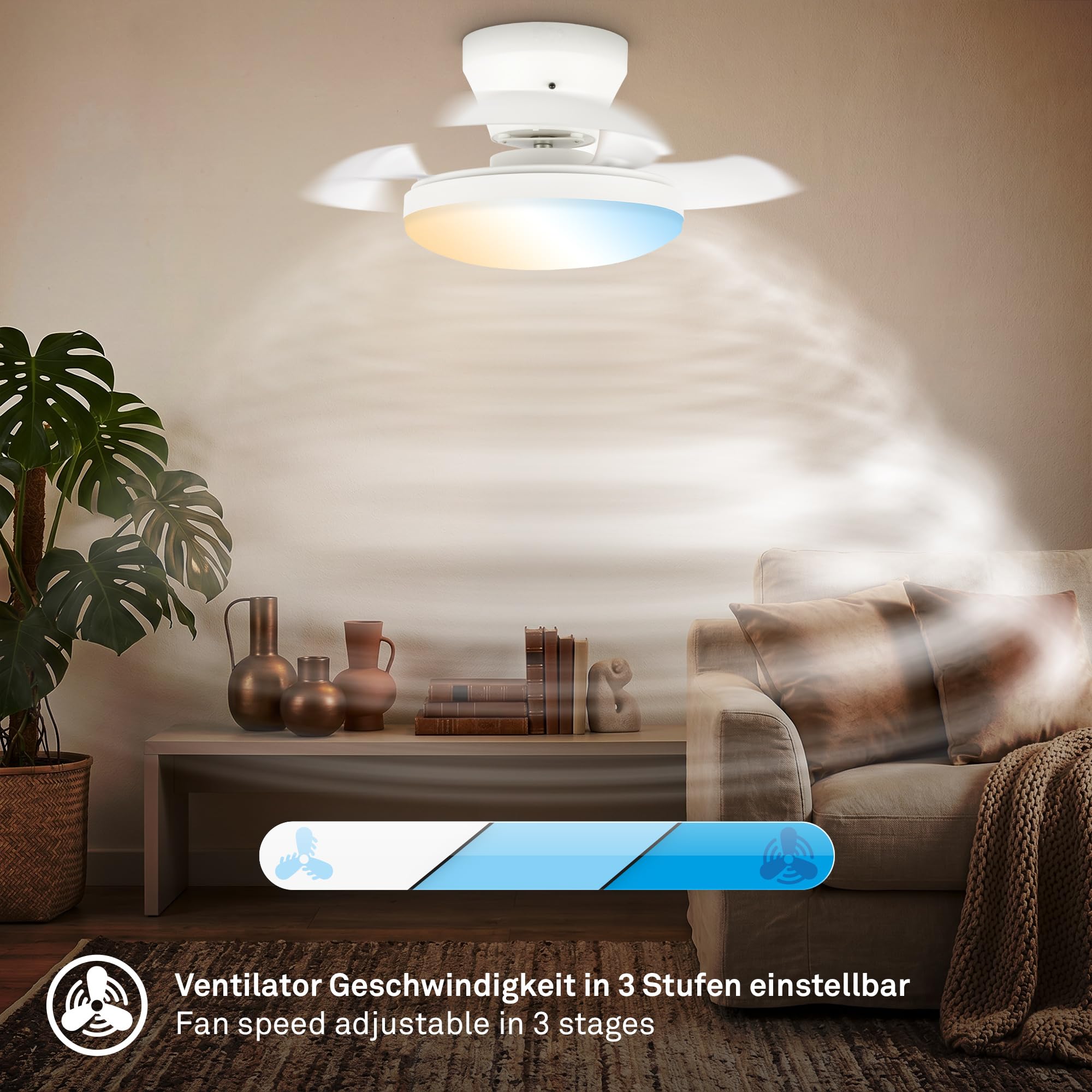 BRILONER - LED Deckenventilator mit Beleuchtung, Fernbedienung, Leiser DC-Motor, 3 Geschwindigkeiten, Flügel ausfahrbar, CCT, Dimmbar, Lampe mit Ventilator, Ventilator Deckenleuchte, 44x16,5 cm, Weiß