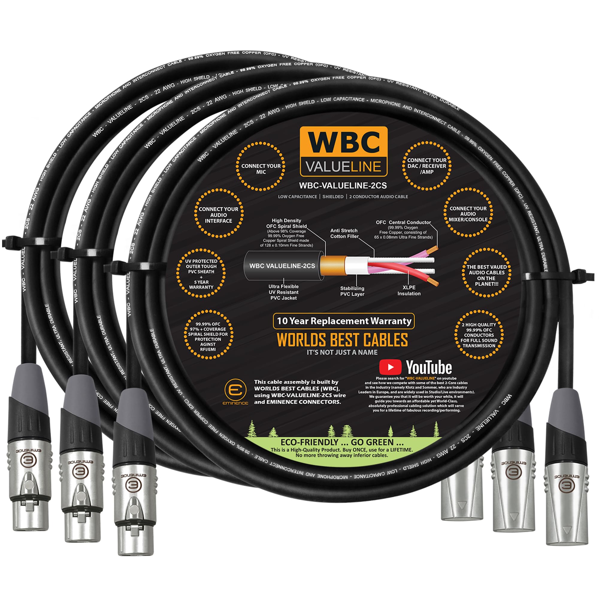 WBC-VALUELINE-2CS (22 AWG) - 3 Units - 1 Metre–Low-Capacitance Shielded Balanced Flexible Microphone, Active-Speaker & Interconnect Cables with Eminence Gold XLR Connectors
