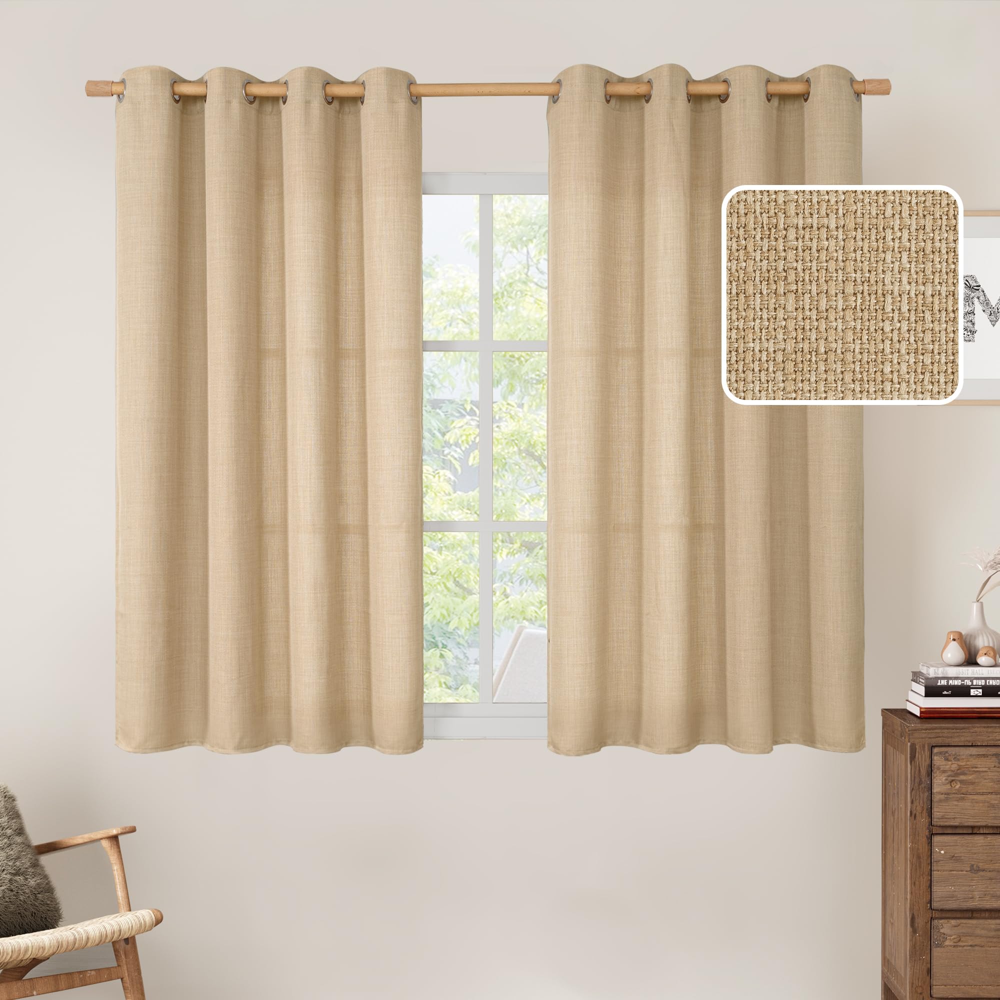 LAMIT Natural Tan Short Semi Sheer Linen Curtains 45 Inches Long 2 Panels