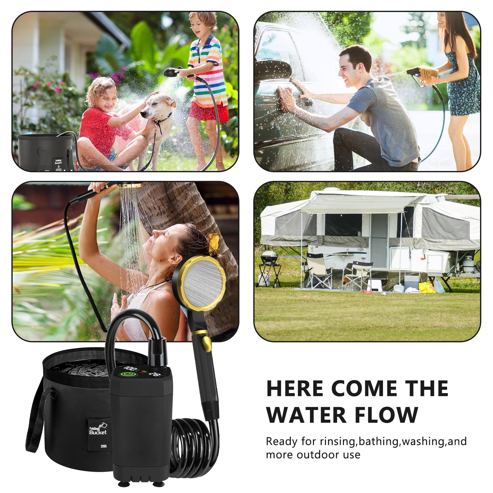 BORDEAG Tragbare Campingdusche mit Akku 6000mAh Wiederaufladbar, Camping Dusche mit Pumpe, Duschkopf, Klappbarer Eimer, Outdoor Mobile Duschen, Außenduschen für Autowaschen, Reisen, Strand, Camping