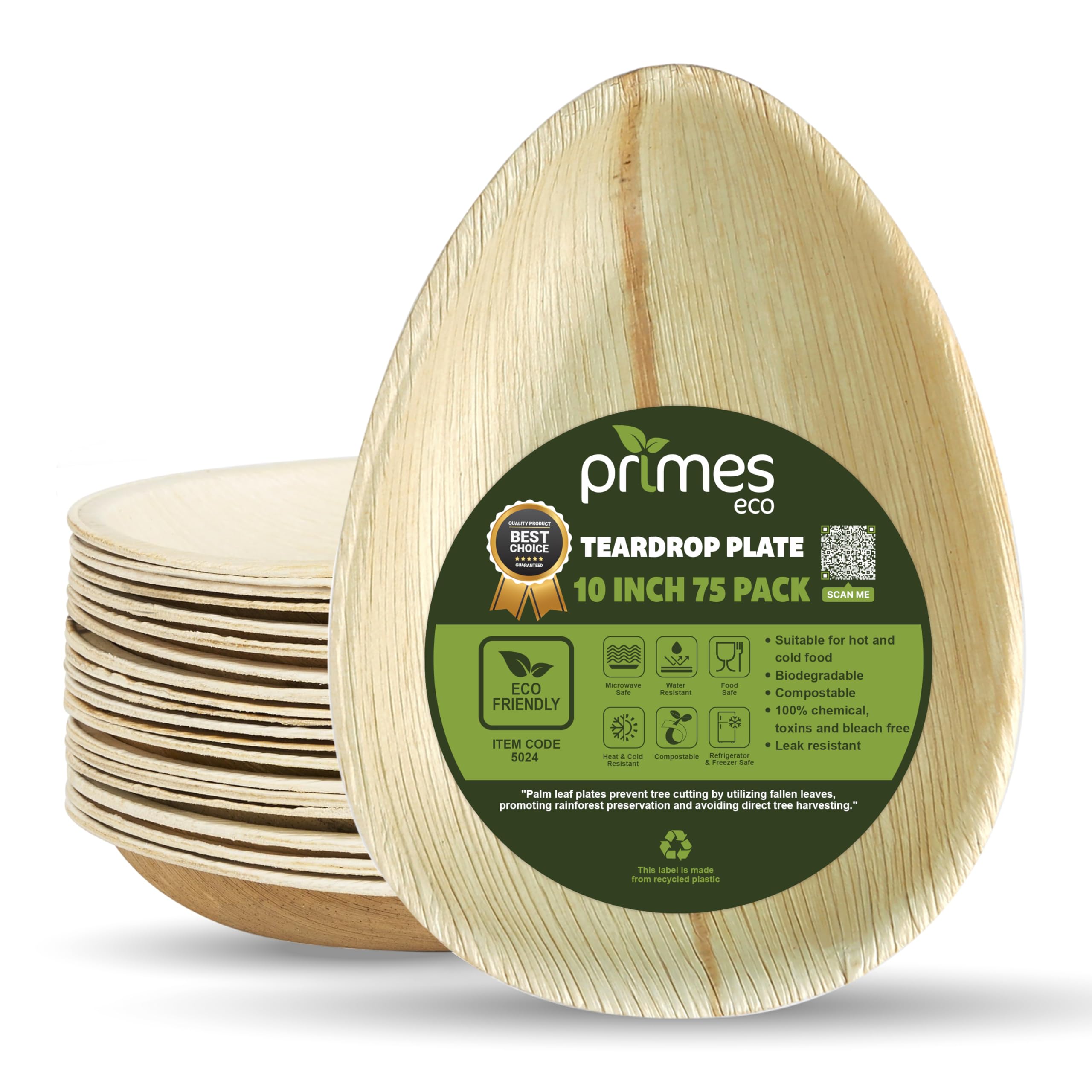 PRIMES ECO Palm Leaf Plates – 75 Pack 25 cm (10") Teardrop/Oval Disposable Dinnerware, Rustic Wood Look, Microwave & Freezer Safe, Areca Leaf Party Plates for Appetisers, Canapés, Desserts