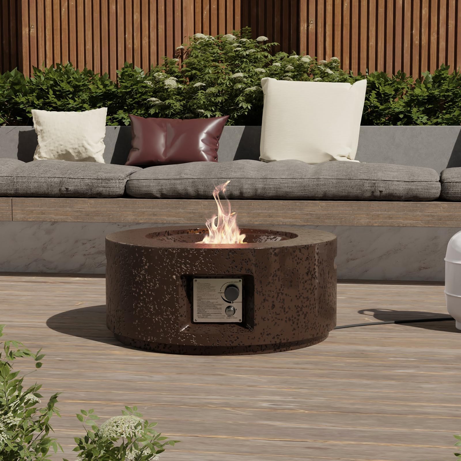 SUNBURY Outdoor Fire Pit, 28 inches Round Propane Gas Patio Fire Table 40,000 BTU Concrete Travertine Design, Circular Base Small Firepit with Lava Rocks, Waterproof Cover (Dark Brown)