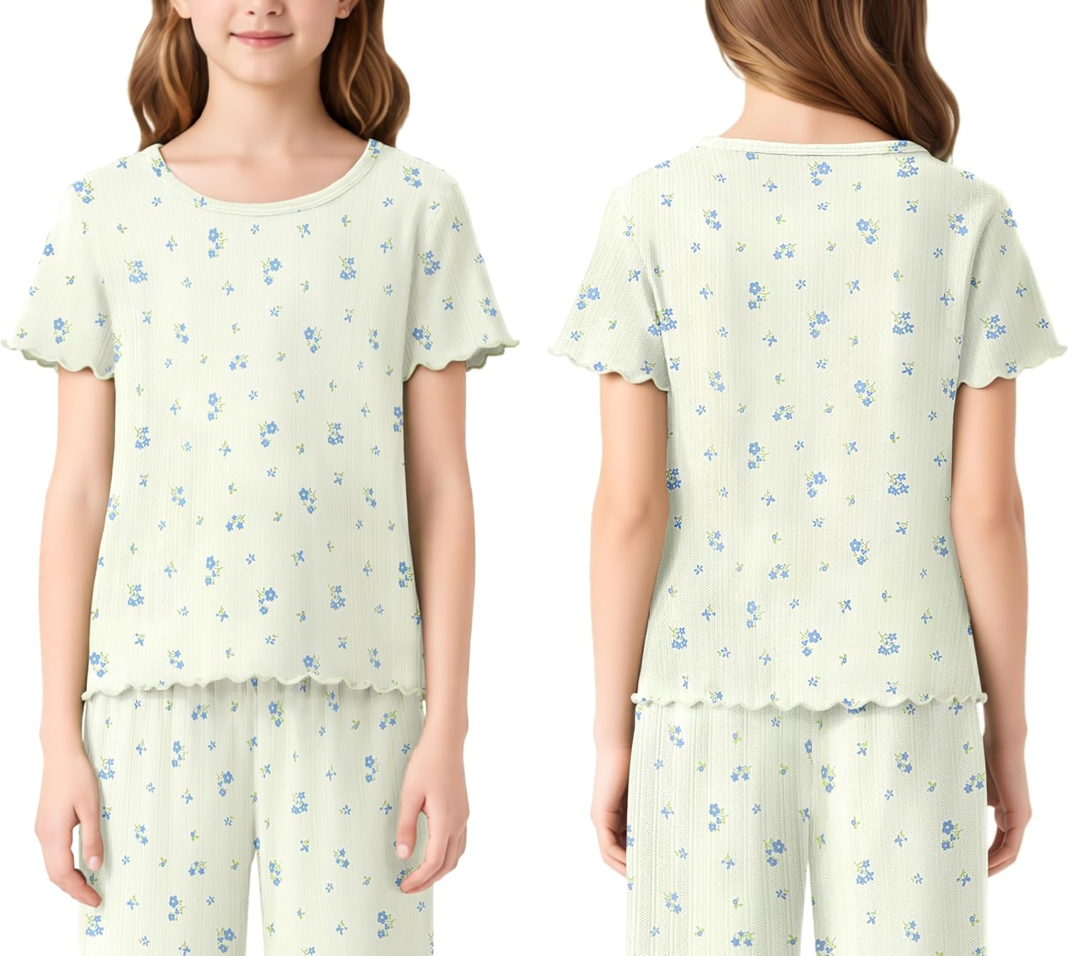 Beezizac Girls Pointelle Knit Lettuce Trim Pajama-Cute Floral/Cherry/Bow Tee & Flared Wide-Leg Pants 2-pc PJs Sizes 6-18 - Image 2