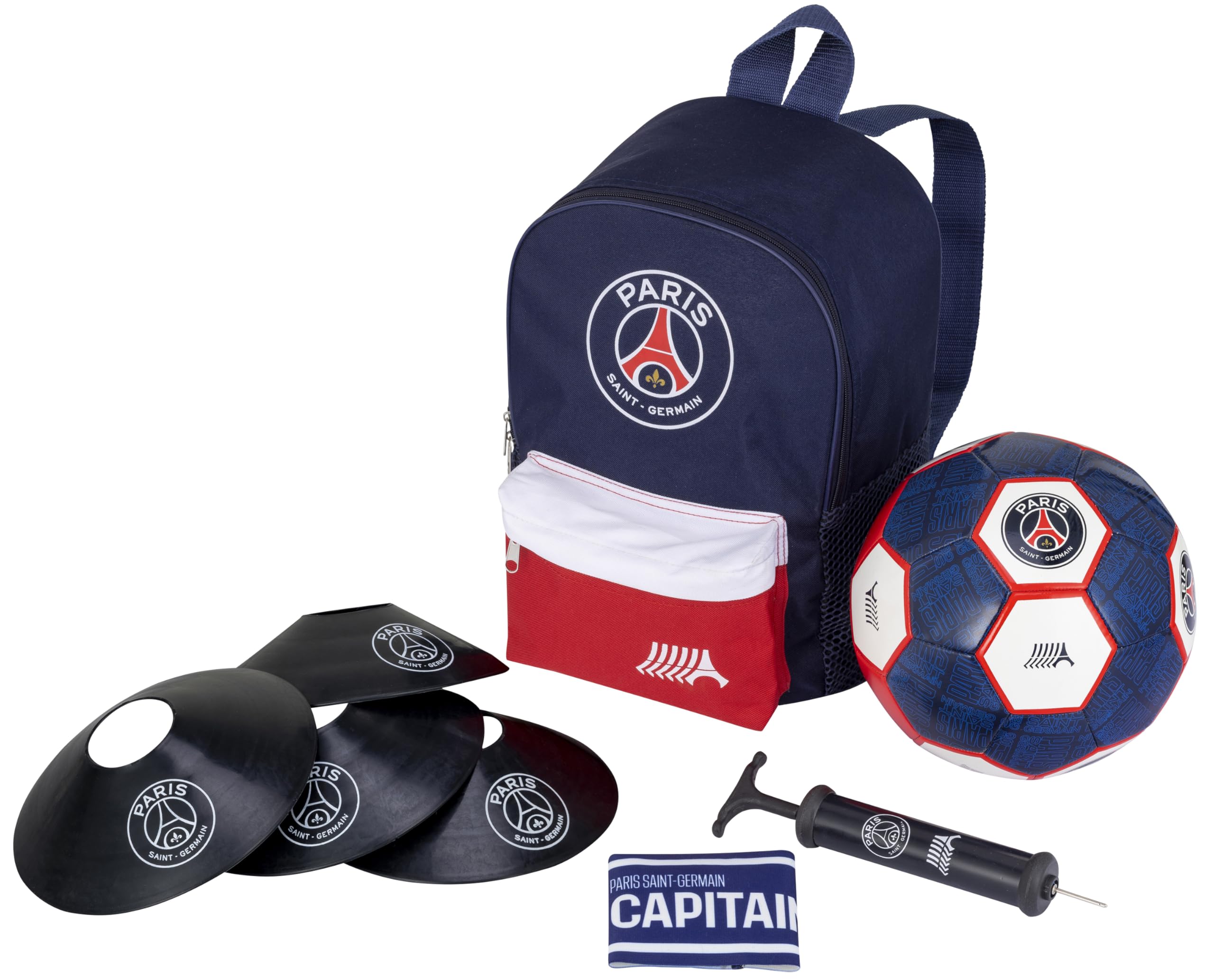 PSG Football Kit Ballon + Sac + Pompe + Brassard + cônes - Collection Officielle Paris Saint Germain