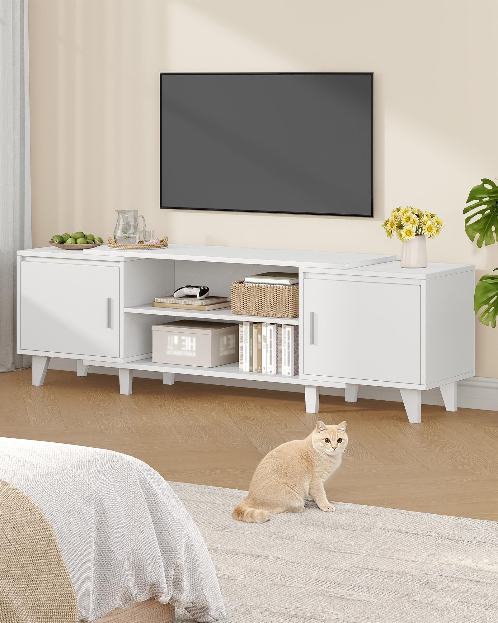 Hzuaneri Mueble de TV con 2 Puertas, Estantes Ajustables, Mesa de TV para televisores de hasta 65 Pulgadas, 40 x 140 x 51,5 cm, para Sala, Dormitorio, Comedor, Blanco TV16703E