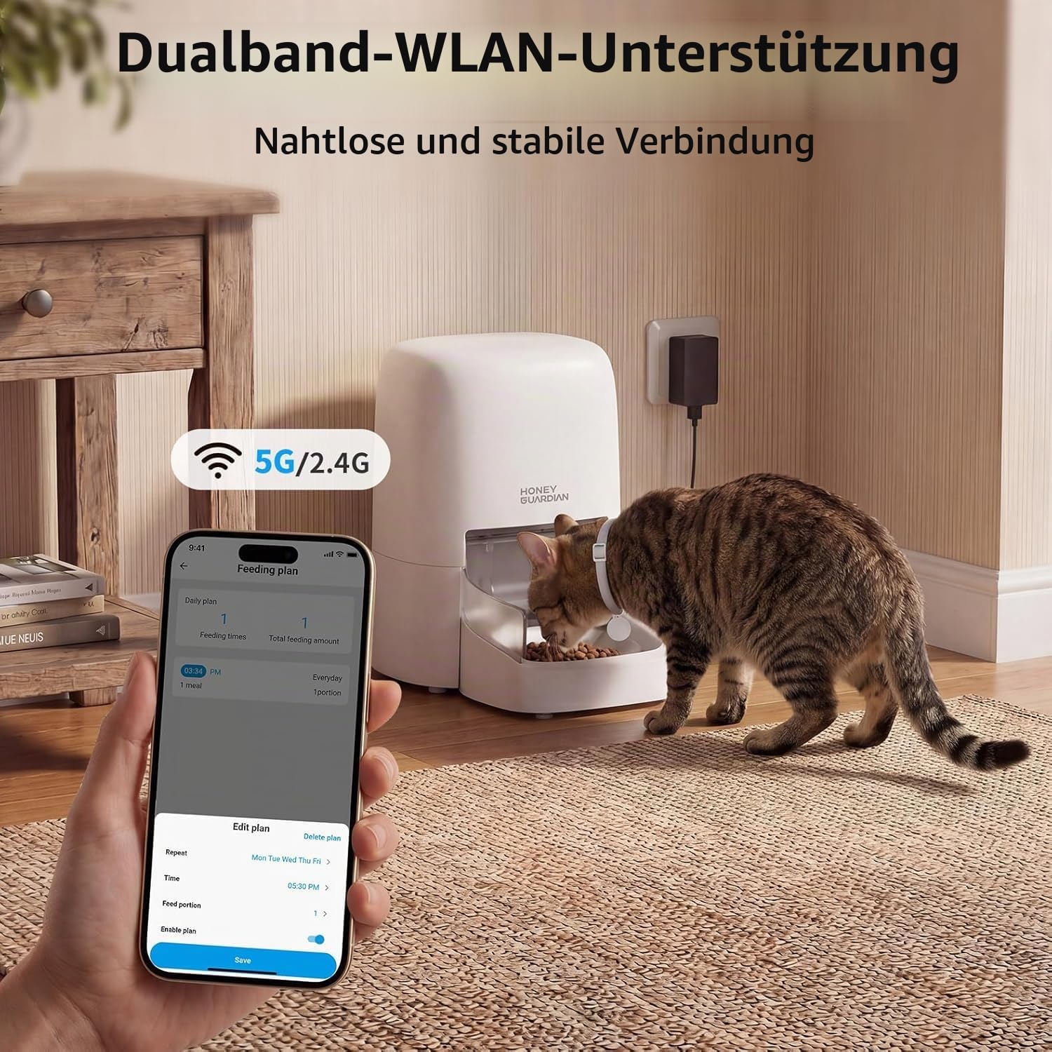 Futterautomat Katze RFID, 5G WiFi Futterspender Katze mit Collar-Tag-Sensor, 4.6L Katzenfutter Automat, Personalisierte Mahlzeiten per Halsband-Tag & Katzenerkennung, 1–10 Mahlzeiten, Keramikschale