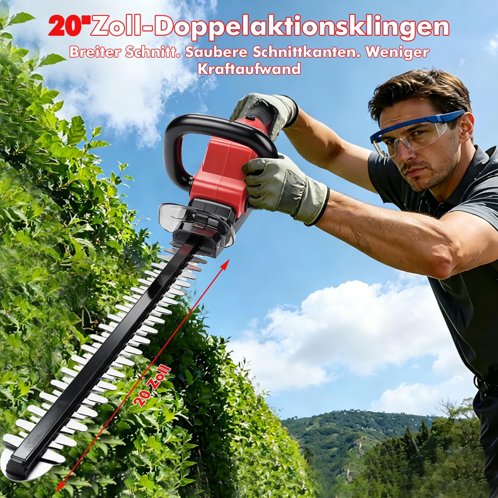 Heckenschere Akku, 21V 850W Elektrischer Heckenschneider mit 20 Zoll Klinge, 18 mm Zahnabstand, für Garten, Sträucher und Hecken, Sicherheitsdoppelschalter und 180° Drehbarem Griff (2 Akkus)