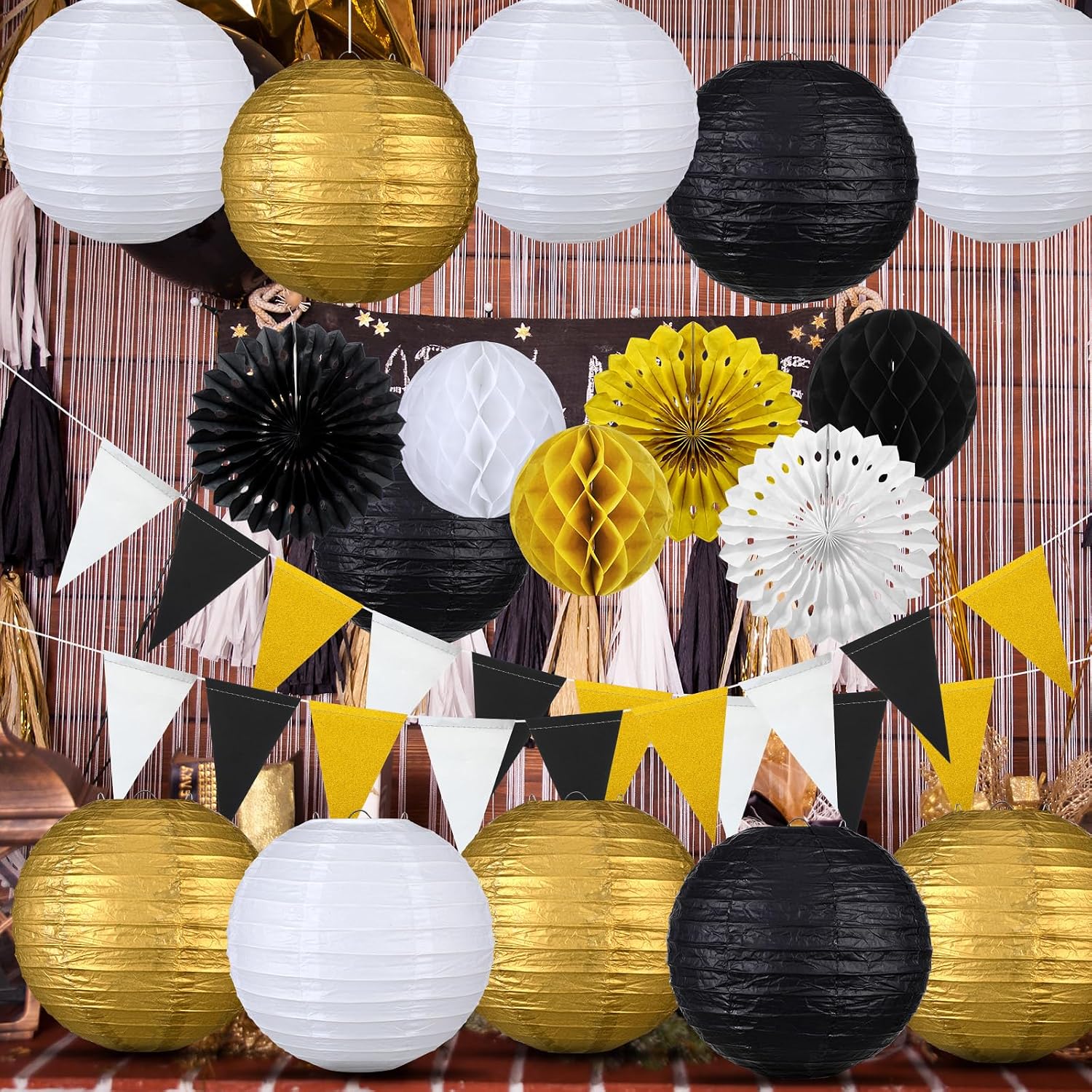 20 Pcs 2026 New Years Party Decoration New Year Paper Lanterns Black Gold Party Decoration Paper Fan Hanging Honeycomb Ball Triangle Flag for Supplies Decorations