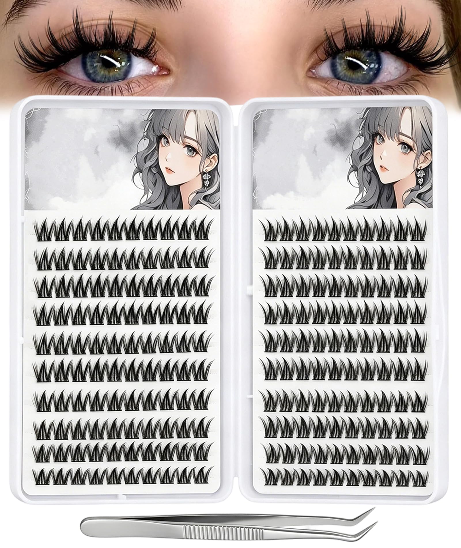 200PCS Anime Lash Clusters with Tweezers, Invisible Band Spiky Clusters Eyelash Extensions, Natural Cluster Lashes, DIY Lash Extension, Clear Band Doll Individual Lashes-image-27