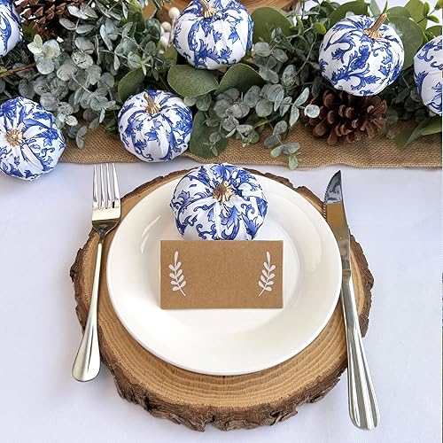 Miniatura 5 de Winlyn 12 calabazas decorativas de tela pequeña en azul y blanco, chinoiserie chic, calabazas de espuma de 3 pulgadas para regalos, otoño, boda,