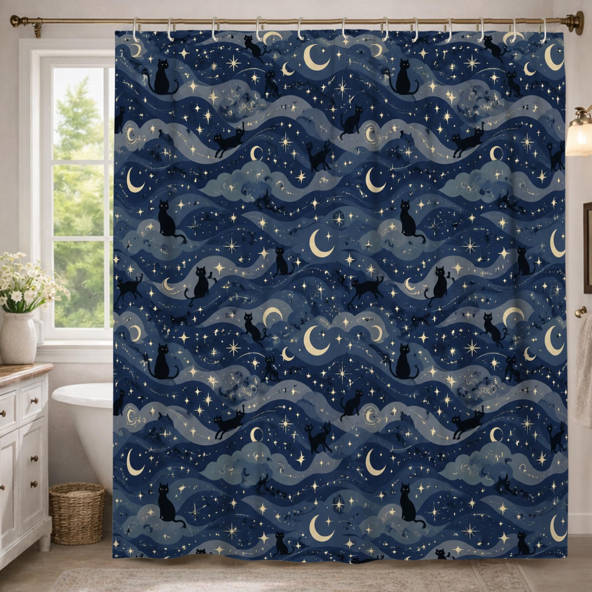 Rideau de douche extra long Halloween chat et lune pour grande salle de bain