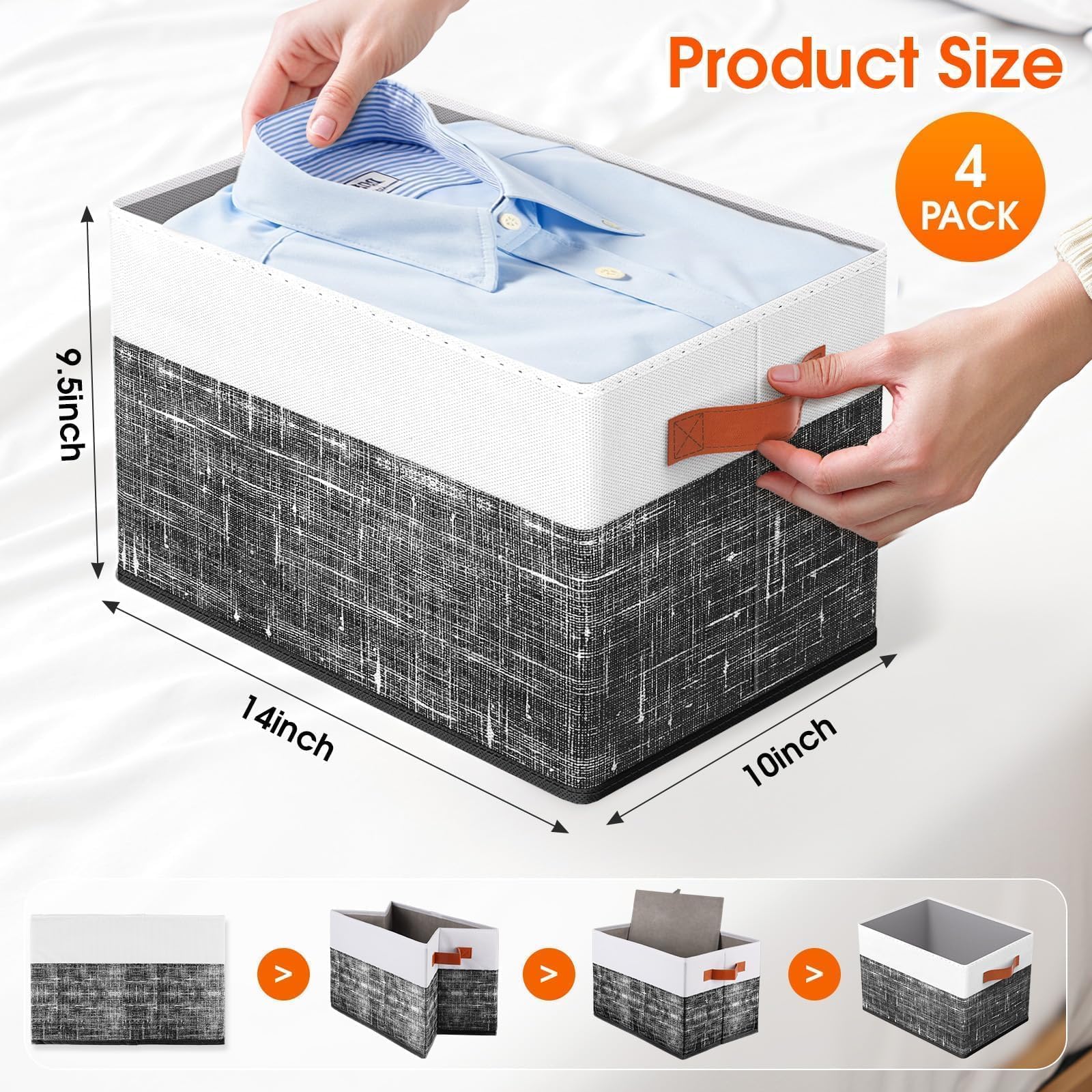 Fab totes Faltbare Aufbewahrungskörbe für Regale, 35,6 x 25,4 cm, 4 Stück, faltbare Stoff-Aufbewahrungskörbe mit doppelten Ledergriffen, große Körbe zum Organisieren von Spielzeug, Büchern, Kleidung