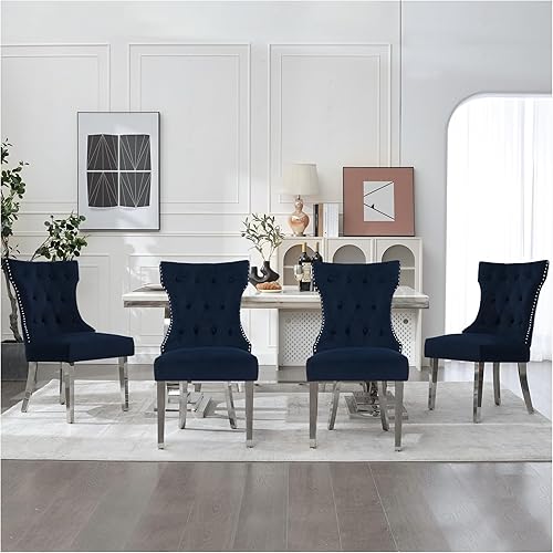 Miniatura 21 de Juego de 4 sillas de comedor de terciopelo, sillas de cocina tapizadas con patas Mteal, respaldo moderno con botones copetudos y ribete cuadrado de